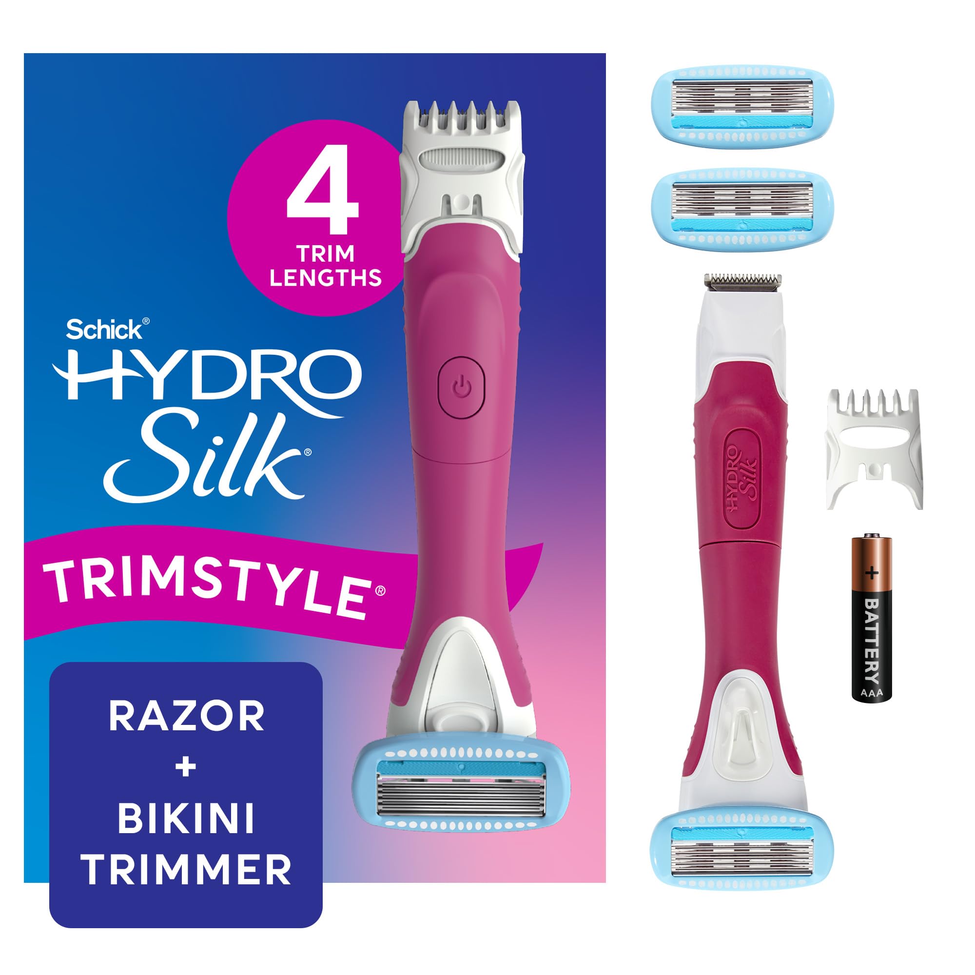 Schick Hydro Silk front packaging showing included handle and refills for easy start