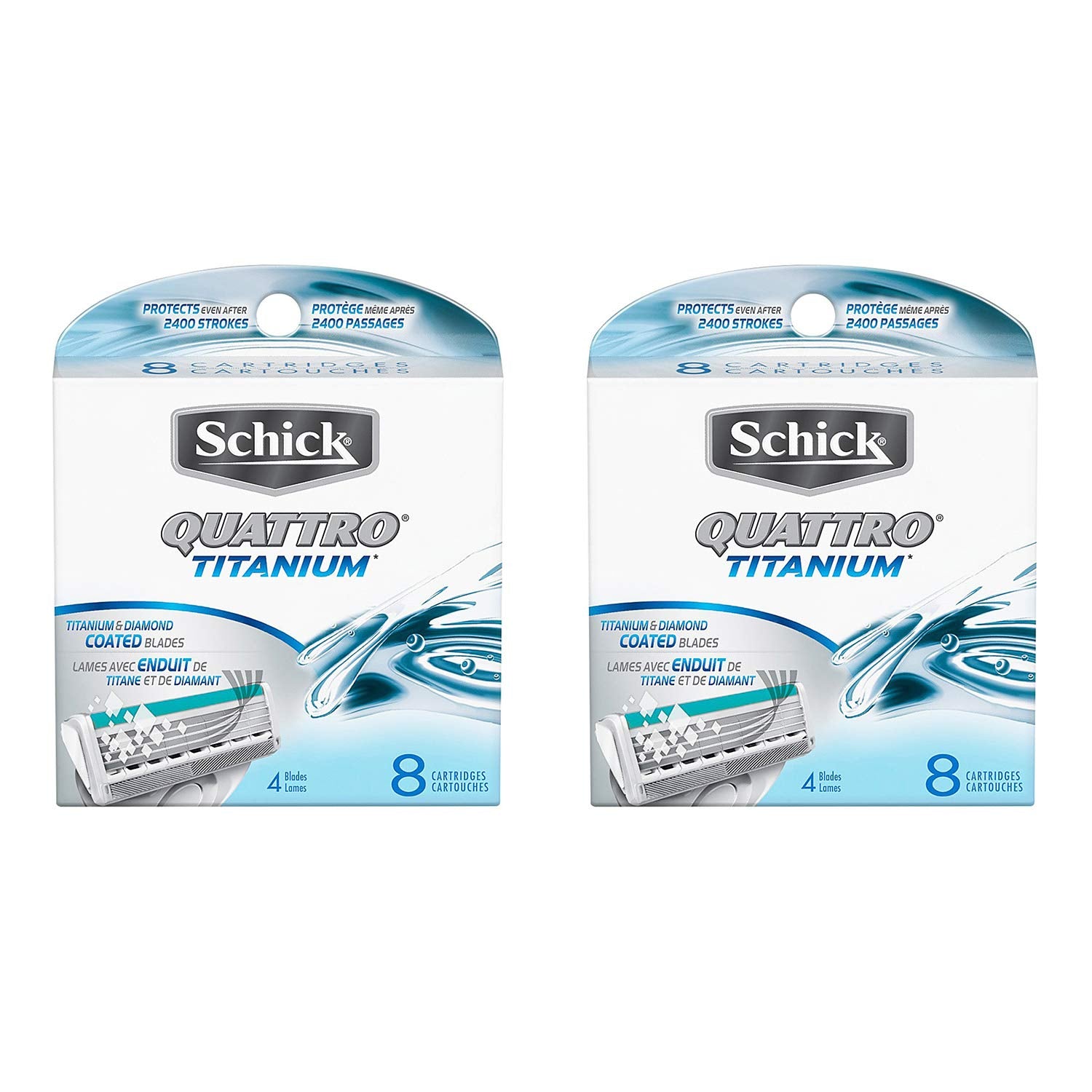 Schick Quattro showing front packaging and eight refill cartridges for reliable shaving