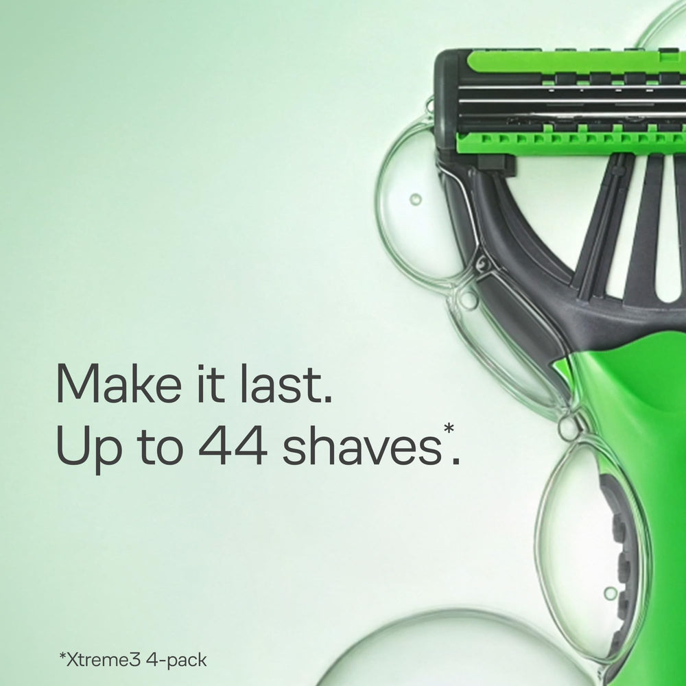 Schick Xtreme3 recycled-handle label highlighting sustainability