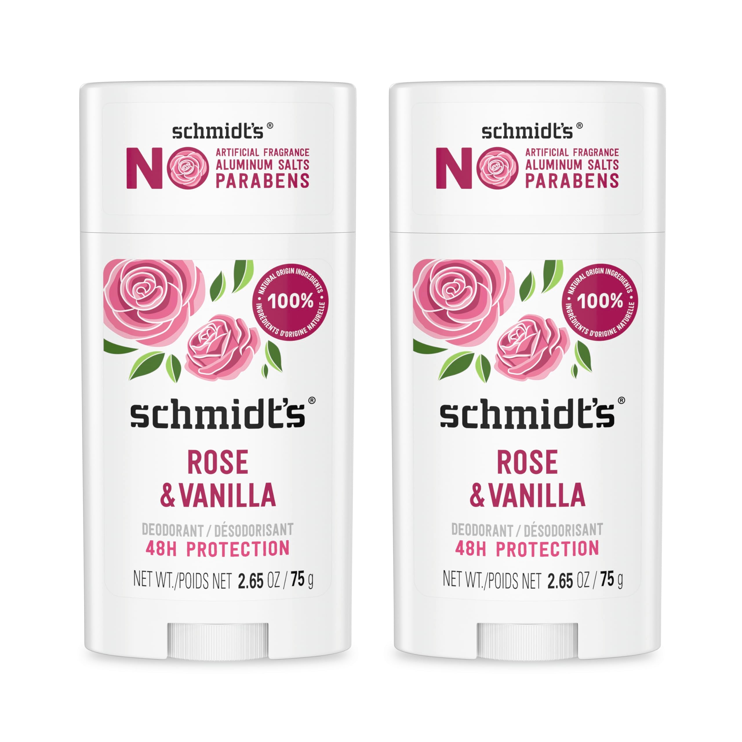 Schmidt's Rose & Vanilla front packaging showing two sticks and benefits