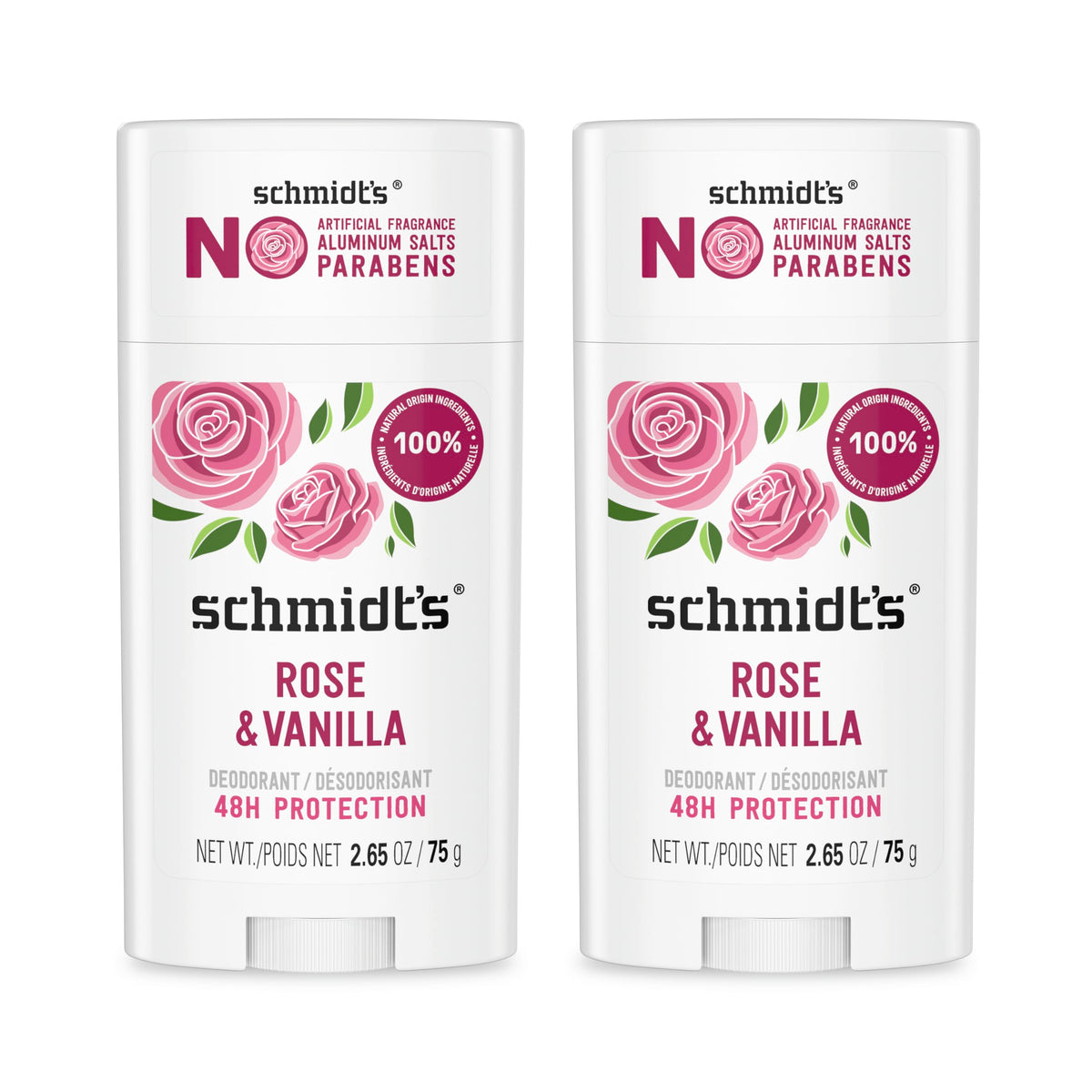 Schmidt's Rose & Vanilla front packaging showing two sticks and benefits