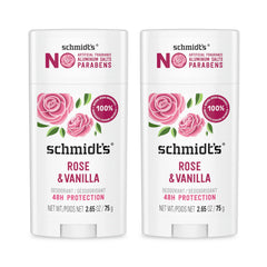 Schmidt's Rose & Vanilla front packaging showing two sticks and benefits