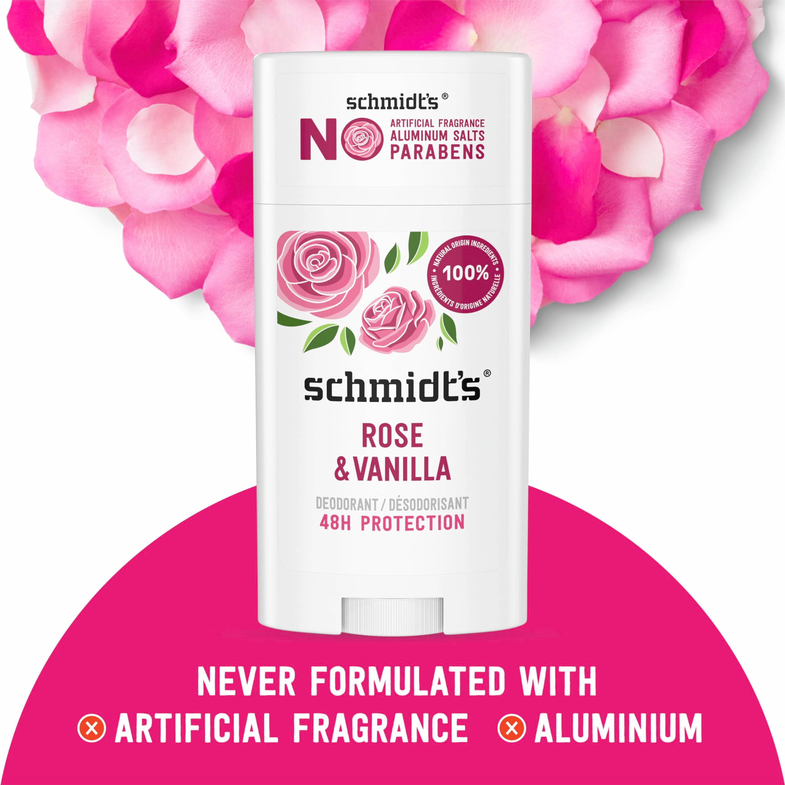 Schmidt's open stick showing label and natural-origin ingredient callouts