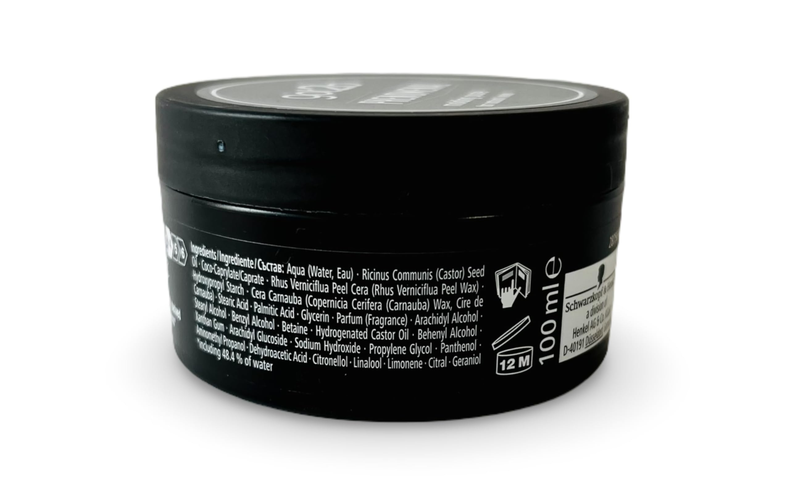 Schwarzkopf got2b open jar close-up showing paste texture for controlled styling