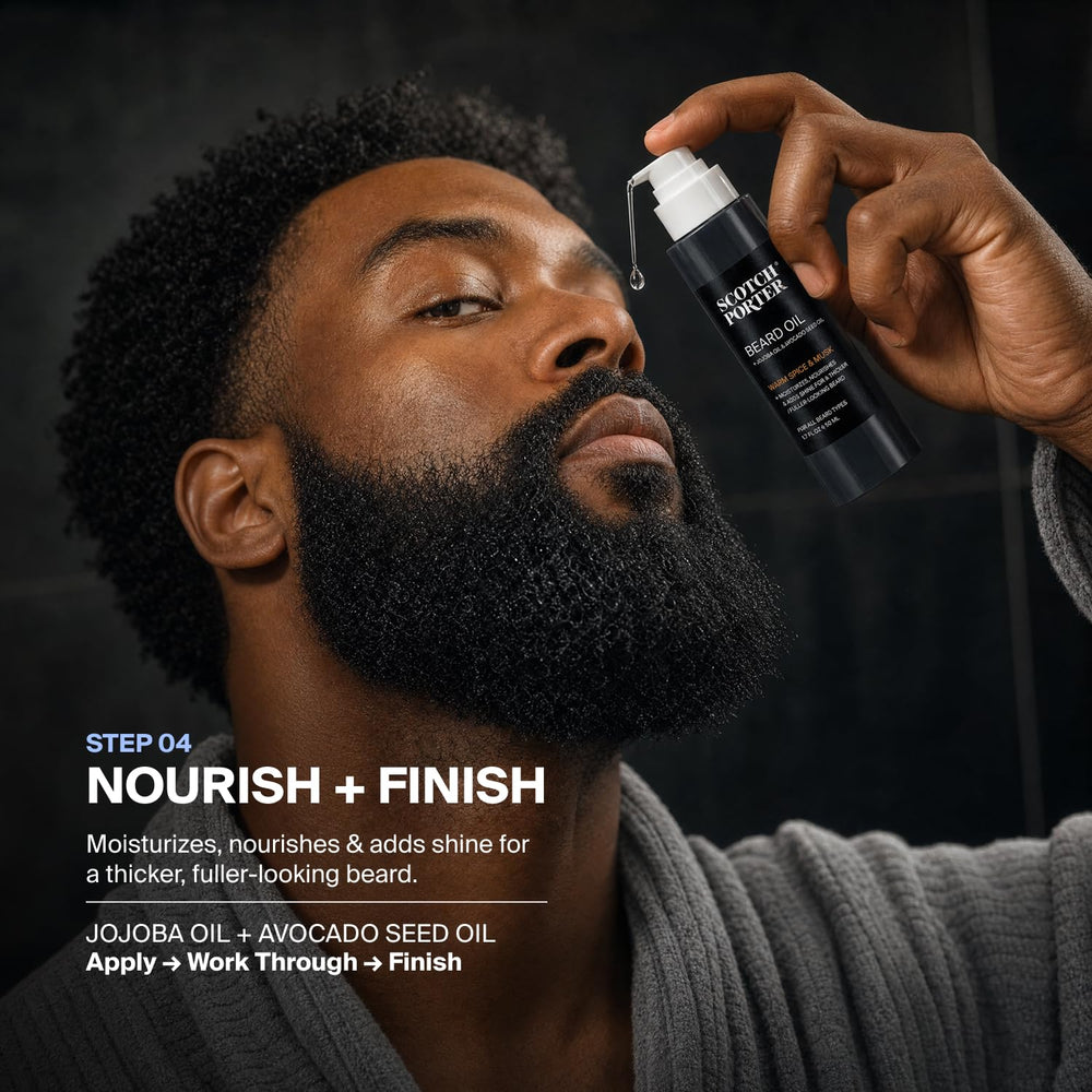 Scotch Porter beard balm scoop on fingertip for light hold and frizz control