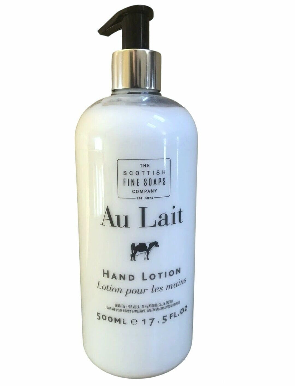 Scottish Fine Soaps Au Lait front packaging showing full 17.5 oz pump and label benefits