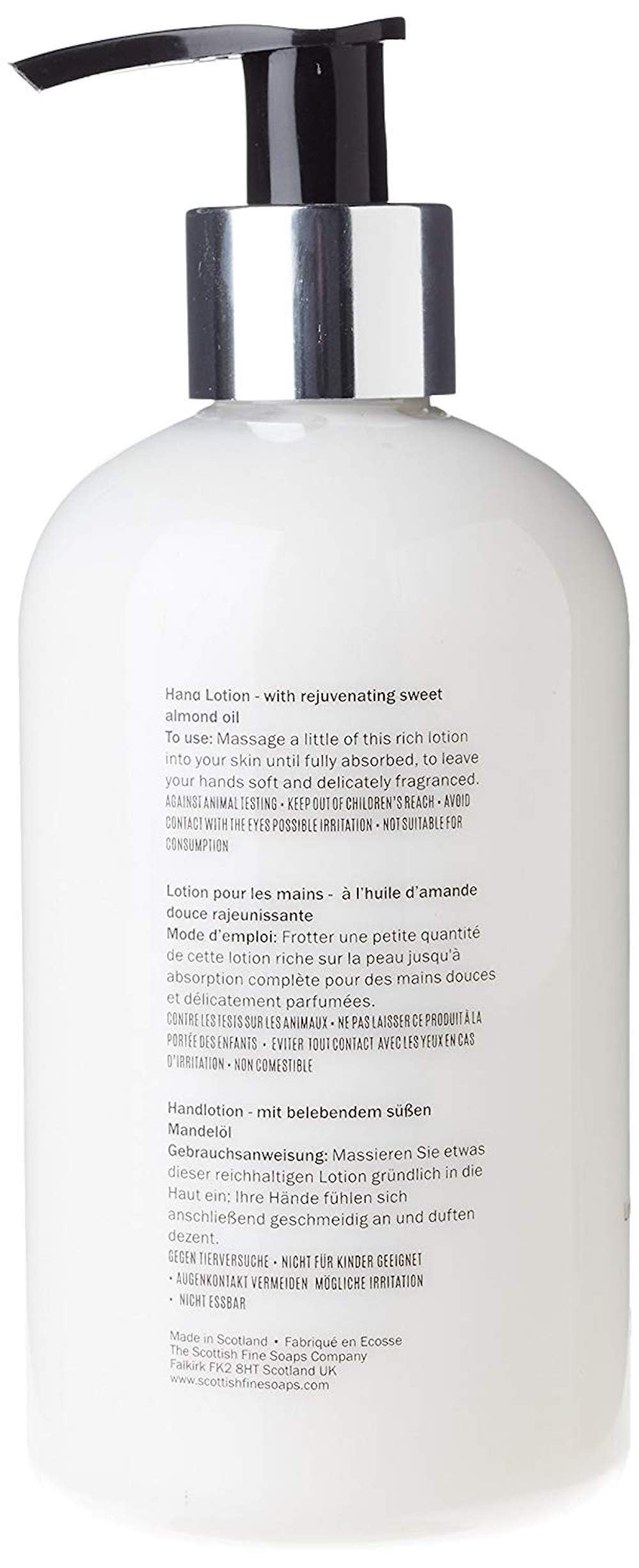 Scottish Fine Soaps Au Lait pump and label detail highlighting easy dispensing and clarity