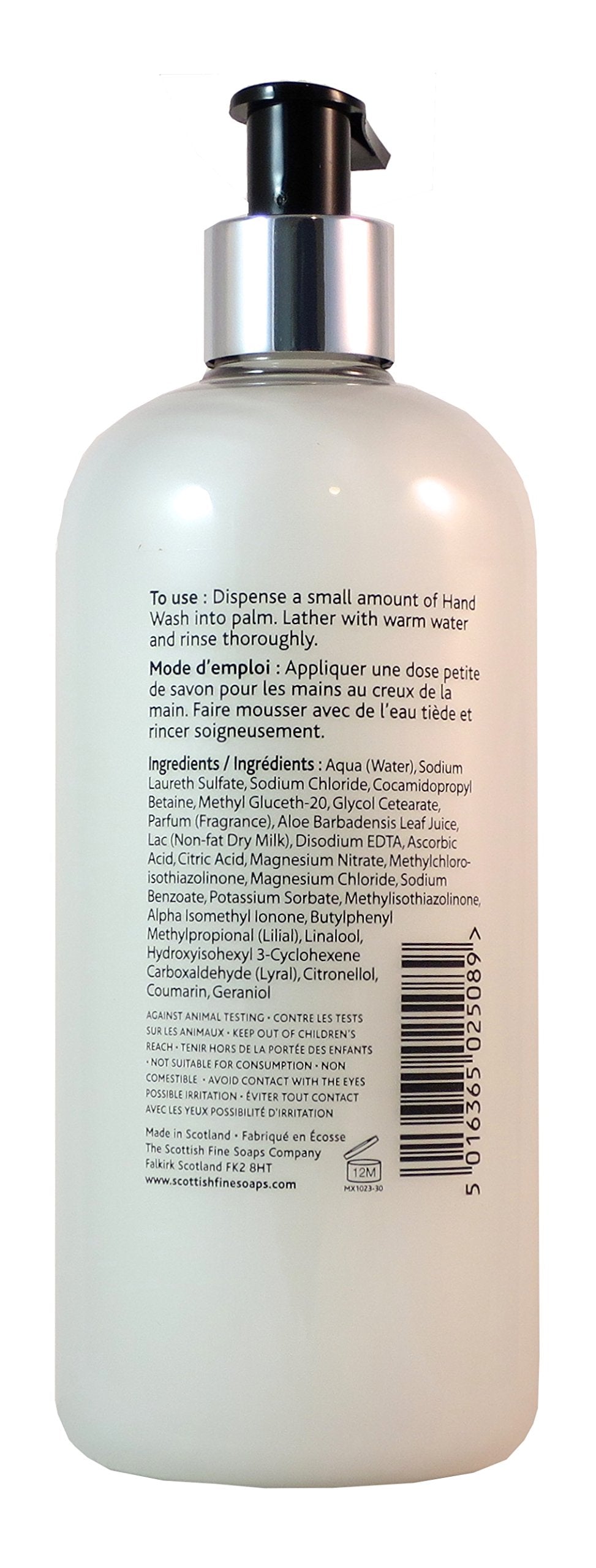 Scottish Fine Soaps pump in use dispensing creamy lather, demonstrating convenient one-hand use and gentle cleansing