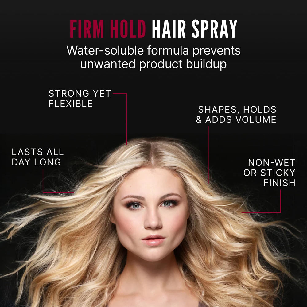 Scruples stylist applying hairspray to model, showing professional-volume result