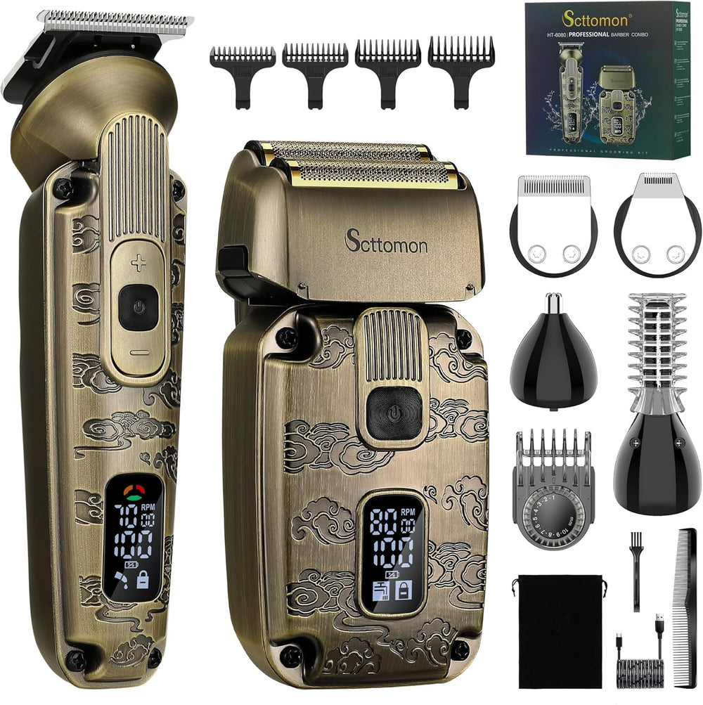 Scttomon front view of full trimmer and foil shaver kit showing compact storage and convenience