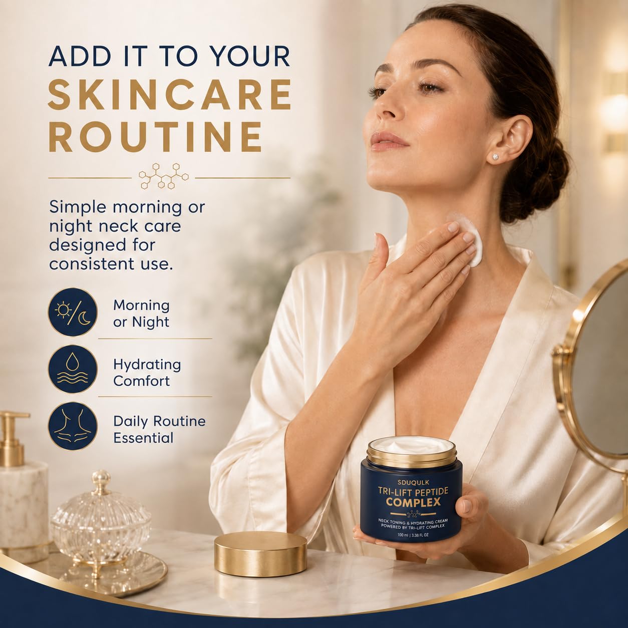 SDUQULK Olavits on bathroom vanity in lifestyle scene suggesting daily routine