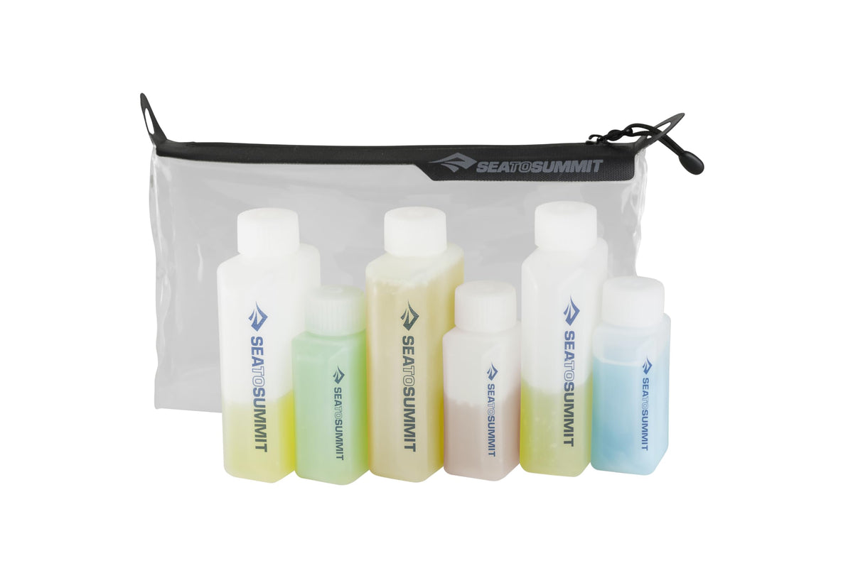 Sea to Summit front pouch showing clear bag and travel bottles for easy packing
