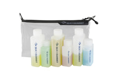 Sea to Summit front pouch showing clear bag and travel bottles for easy packing