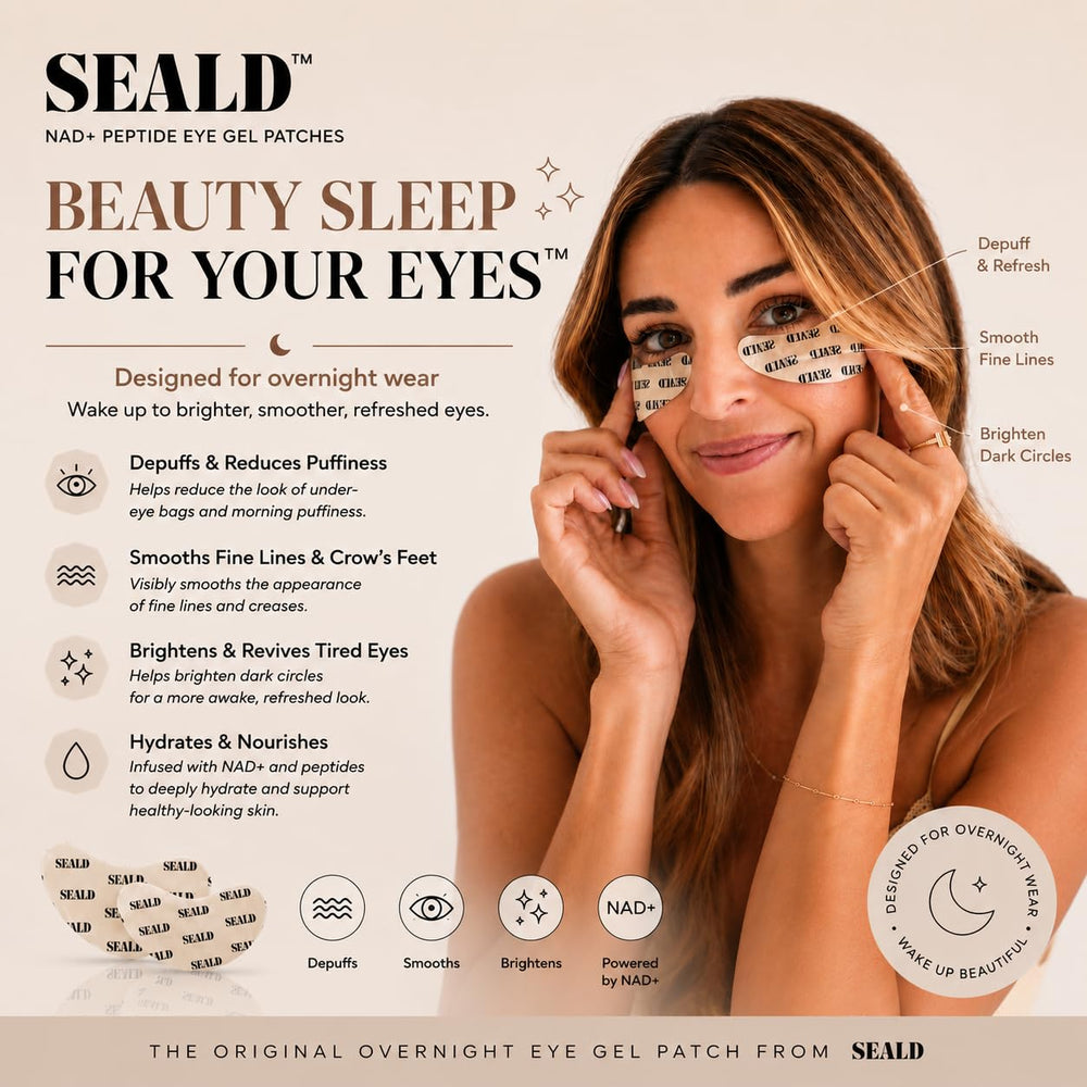 SEALD ingredient panel showing NAD+, peptides and hyaluronic components for brightening
