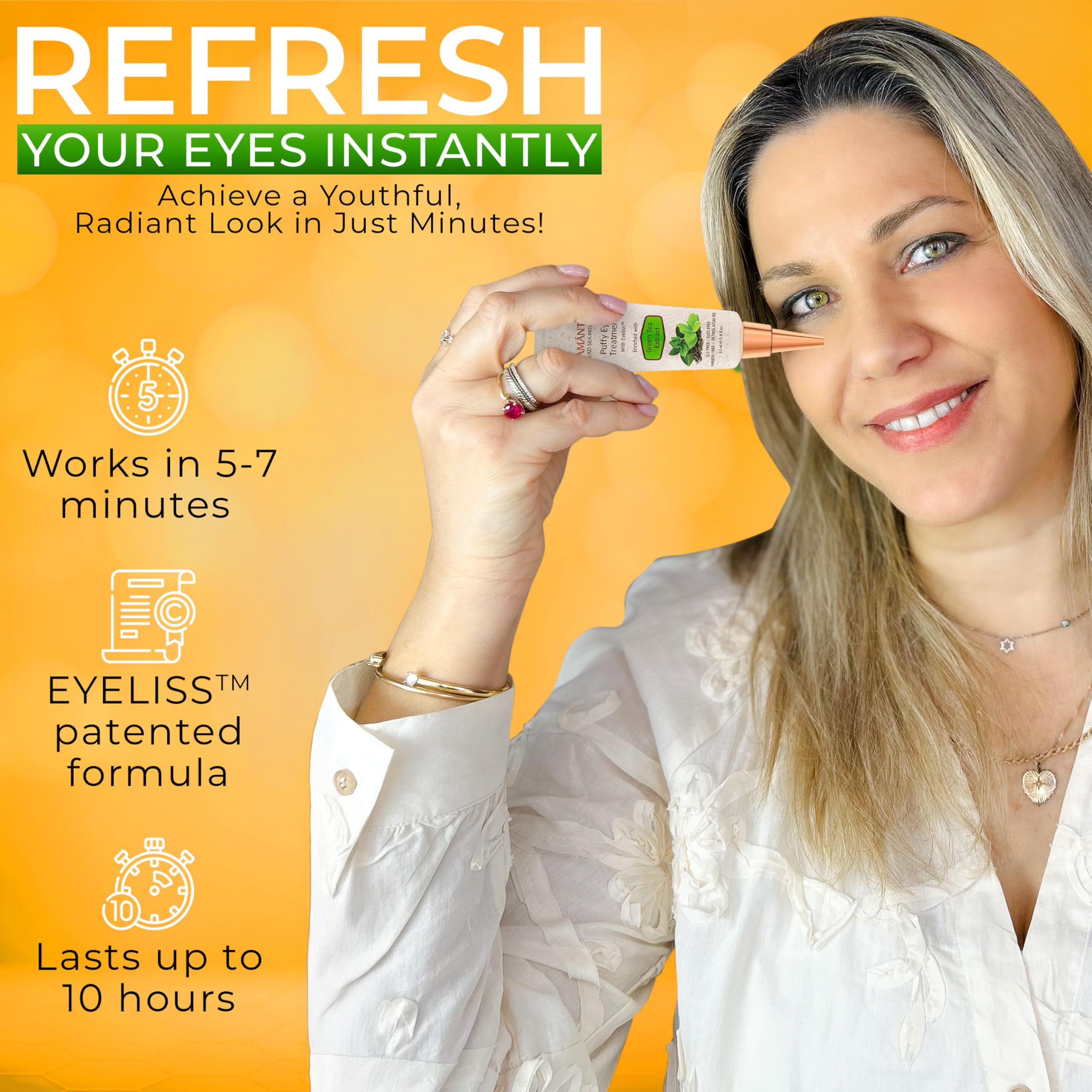 SEAMANTIKA applying cream under eye to reveal immediate tightening effect