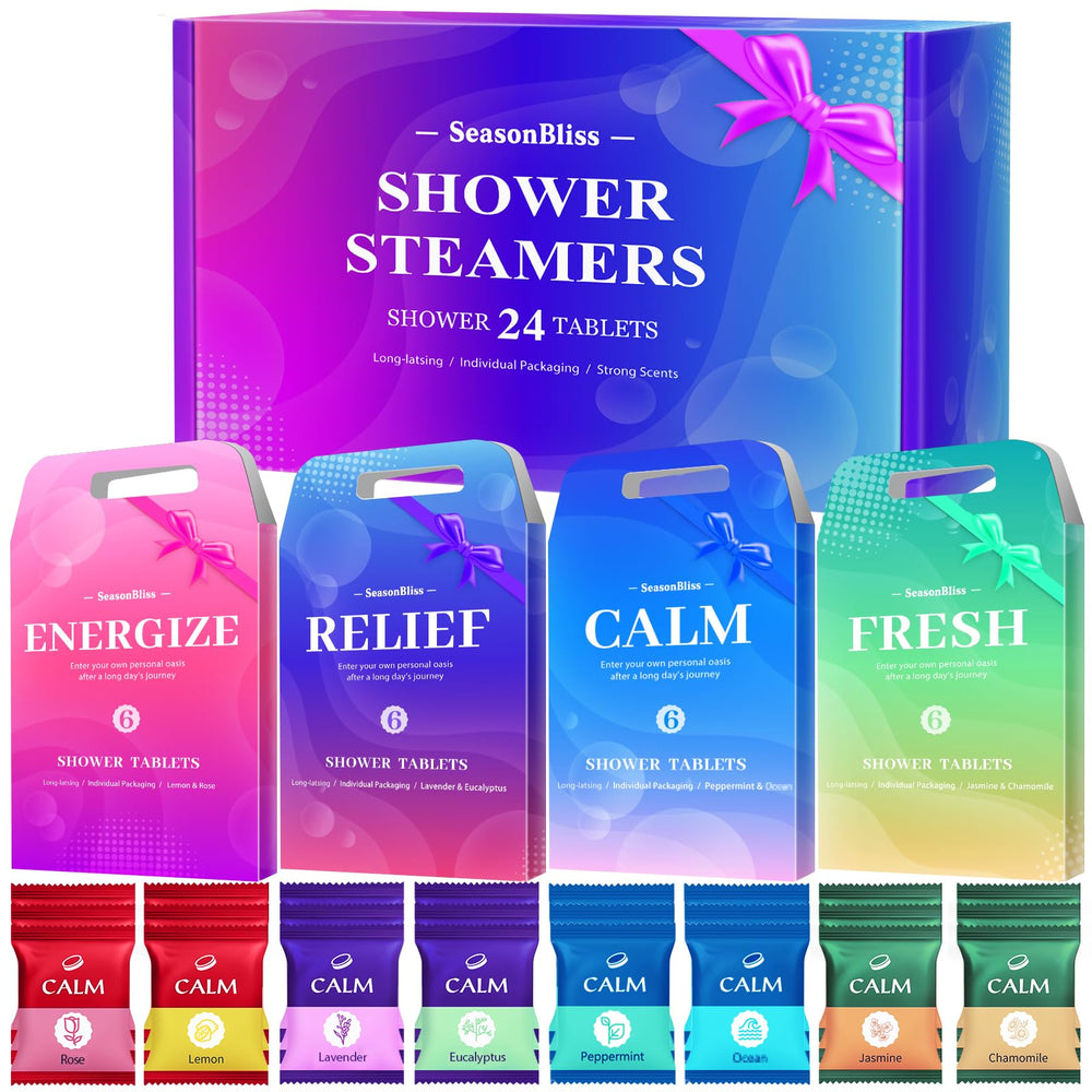 SeasonBliss front packaging showing 24-count shower steamers and scent labels for easy selection