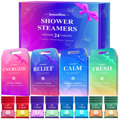 SeasonBliss front packaging showing 24-count shower steamers and scent labels for easy selection