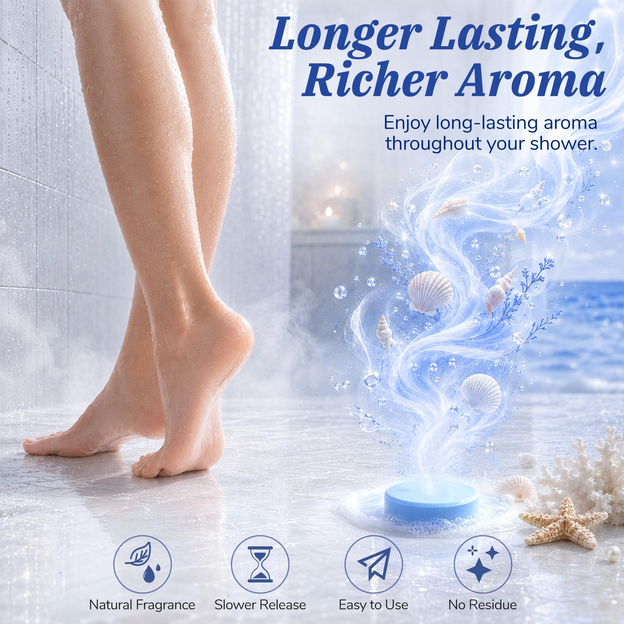 SeasonBliss tablet placed on shower floor releasing fragrance while avoiding direct spray