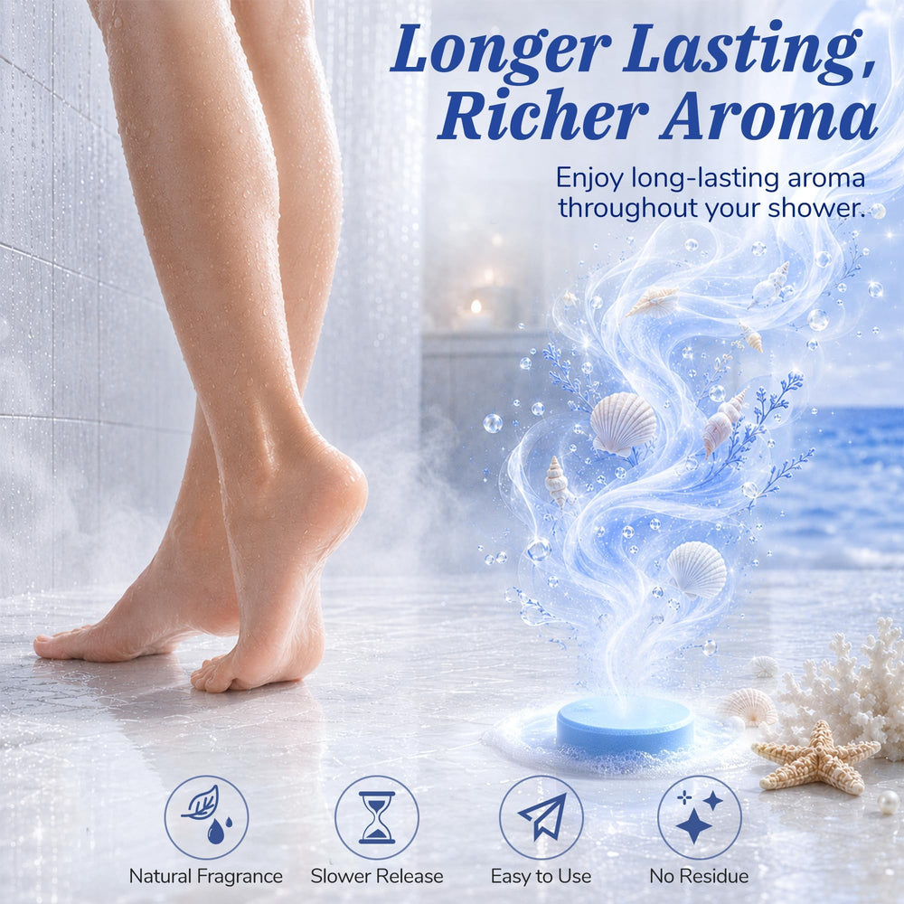 SeasonBliss tablet placed on shower floor releasing fragrance while avoiding direct spray