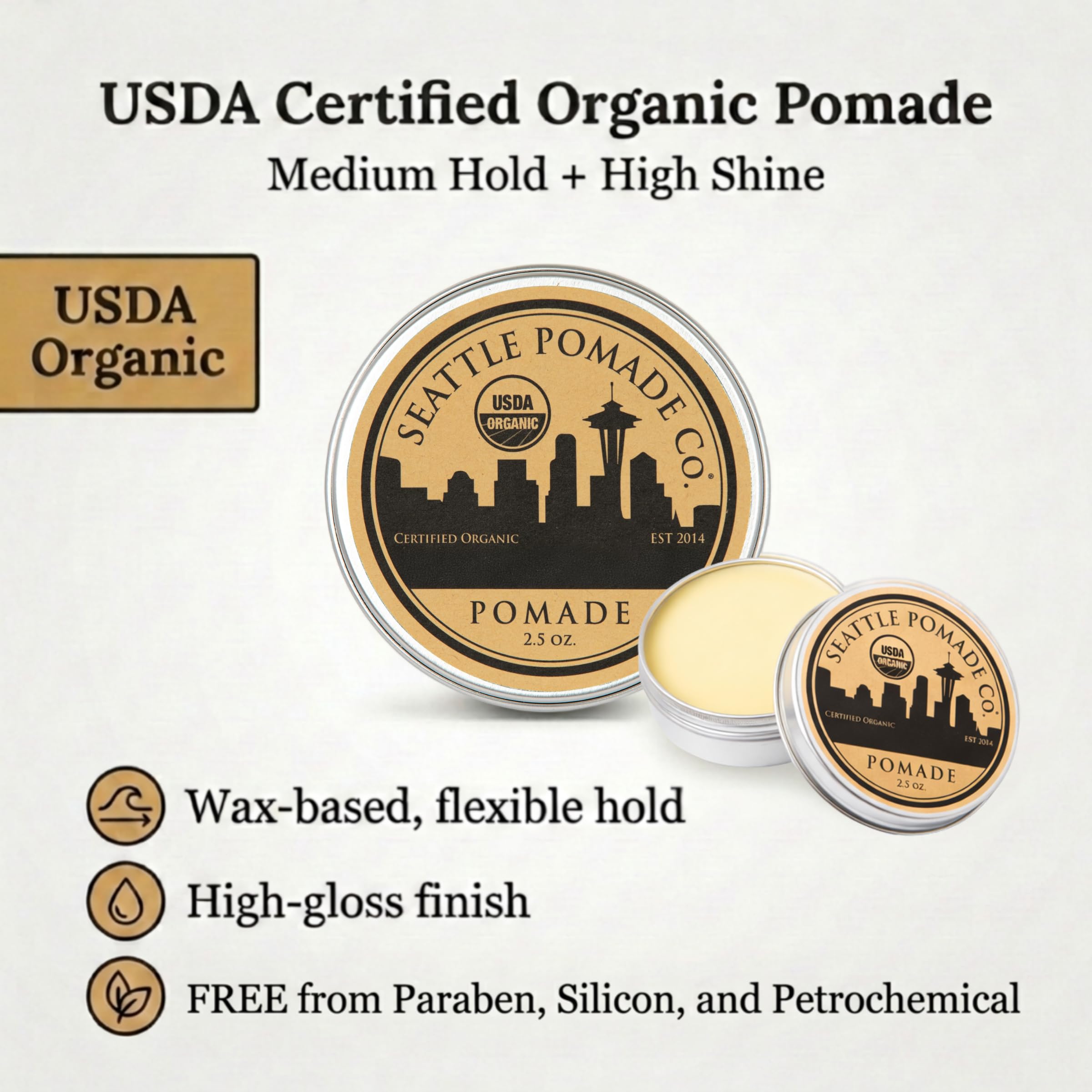 Seattle Pomade Co. fingertip applying pomade demonstrating easy warm-up and control