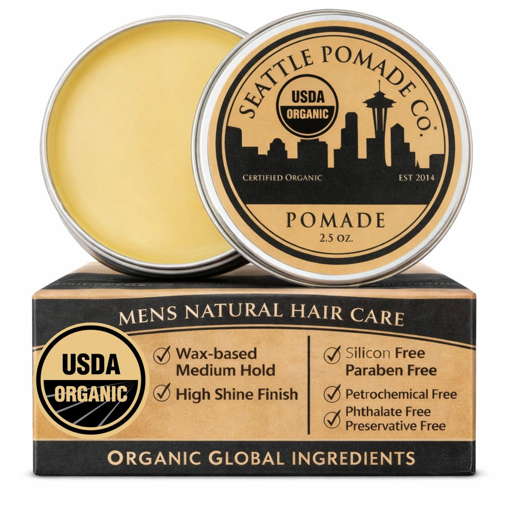 Seattle Pomade Co. front jar view showing organic packaging and clean branding benefit