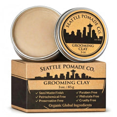 Seattle Pomade Co. front jar showing label and clean organic branding benefits