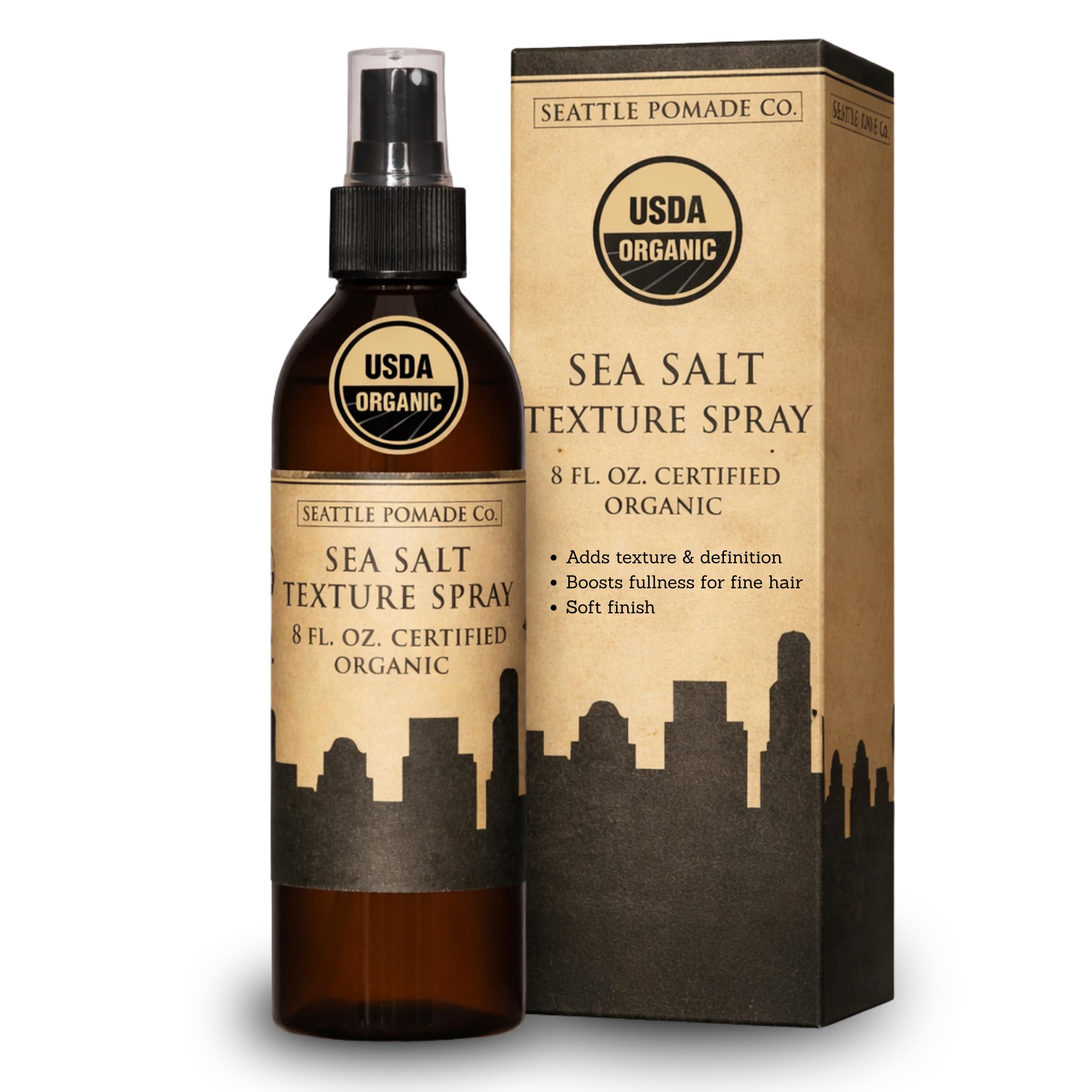 Seattle Pomade Co. front bottle shot showing organic sea salt spray benefits
