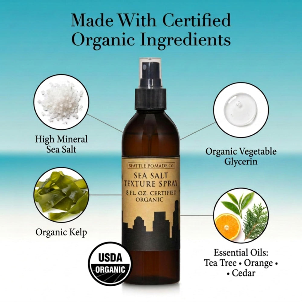 Seattle Pomade Co. ingredients label highlighting organic sea kelp and clarity