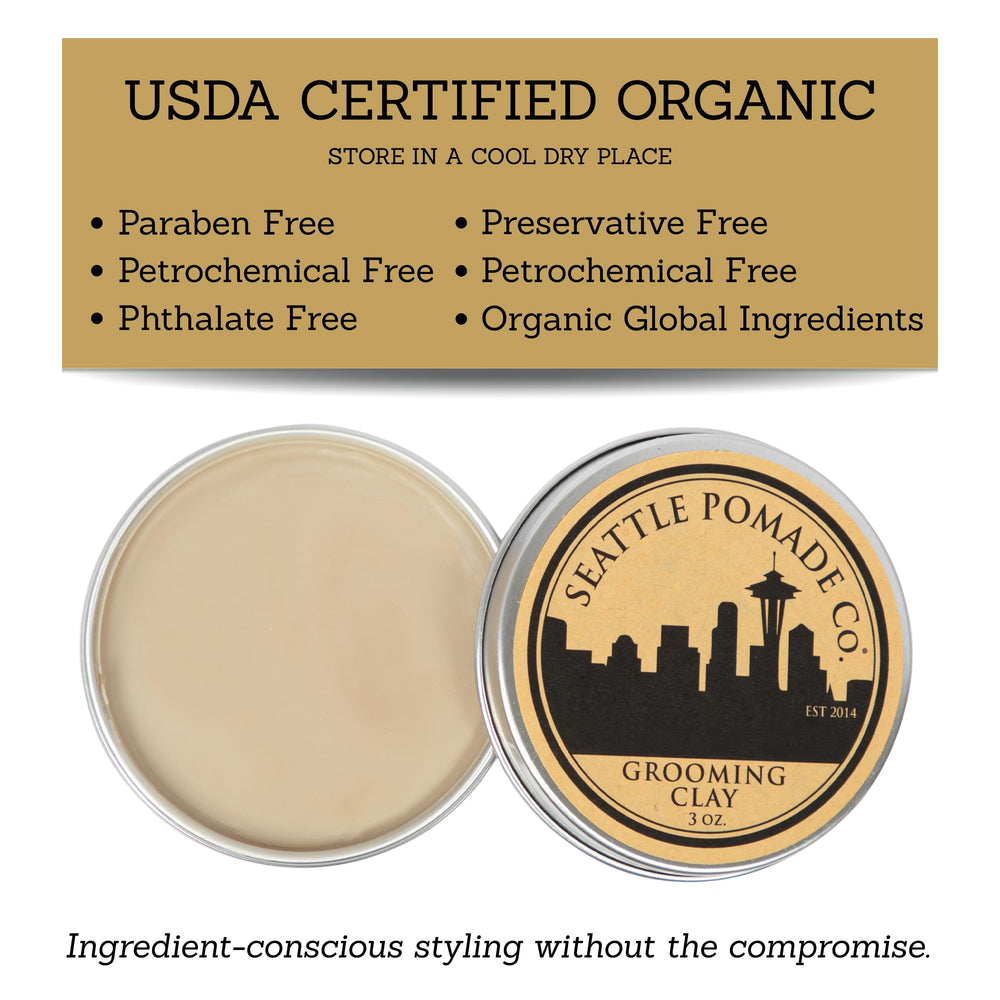 Seattle Pomade Co. ingredients label listing USDA-certified organic components benefit
