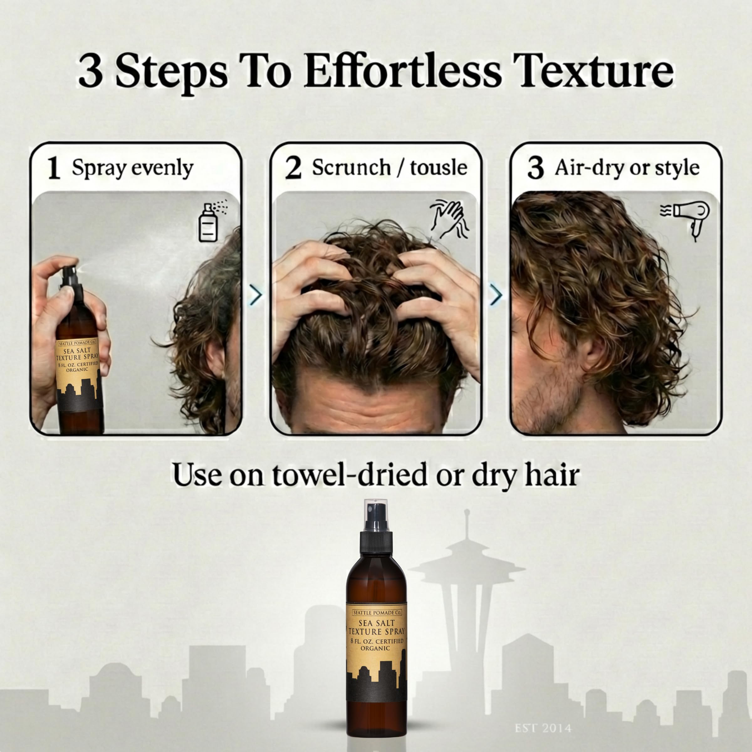 Seattle Pomade Co. model with beachy waves showcasing natural, lived-in finish