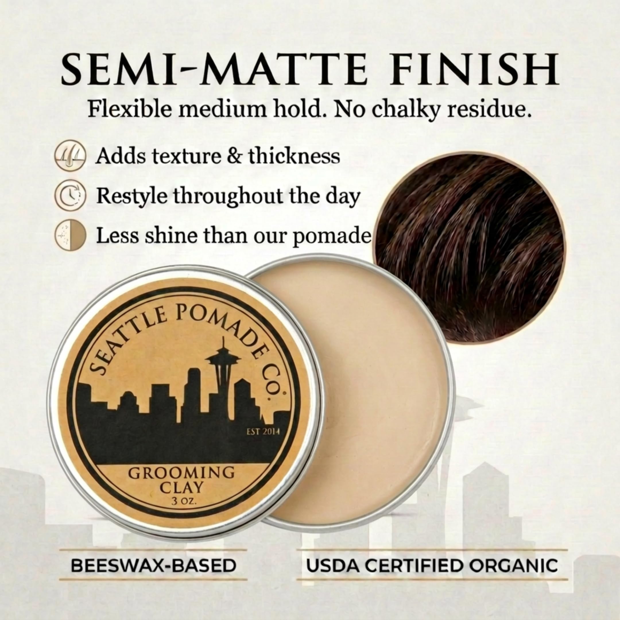 Seattle Pomade Co. close-up of clay texture highlighting natural ingredient benefits