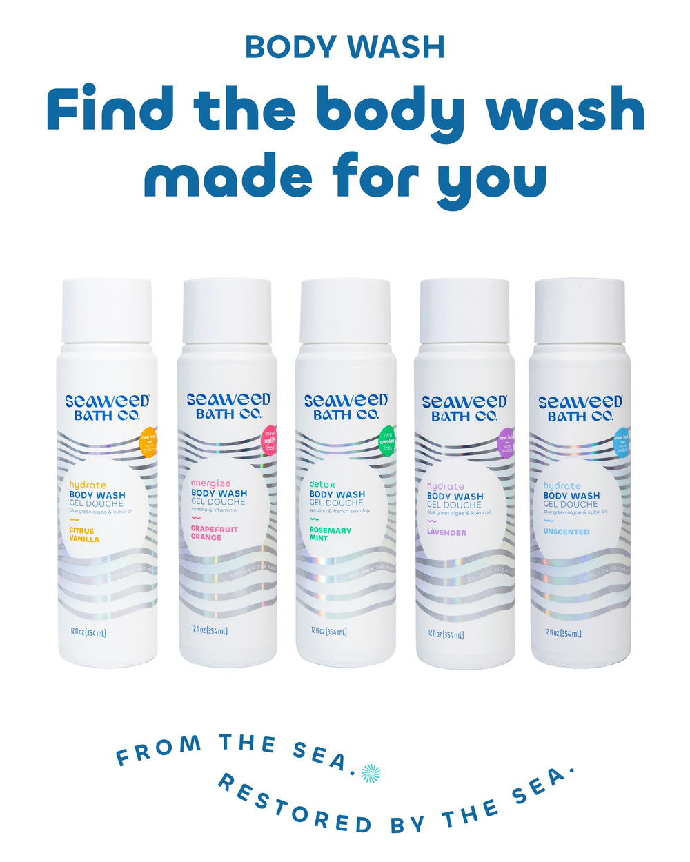 Seaweed Bath Co. bottle label noting 50% recycled plastic for eco-conscious shoppers