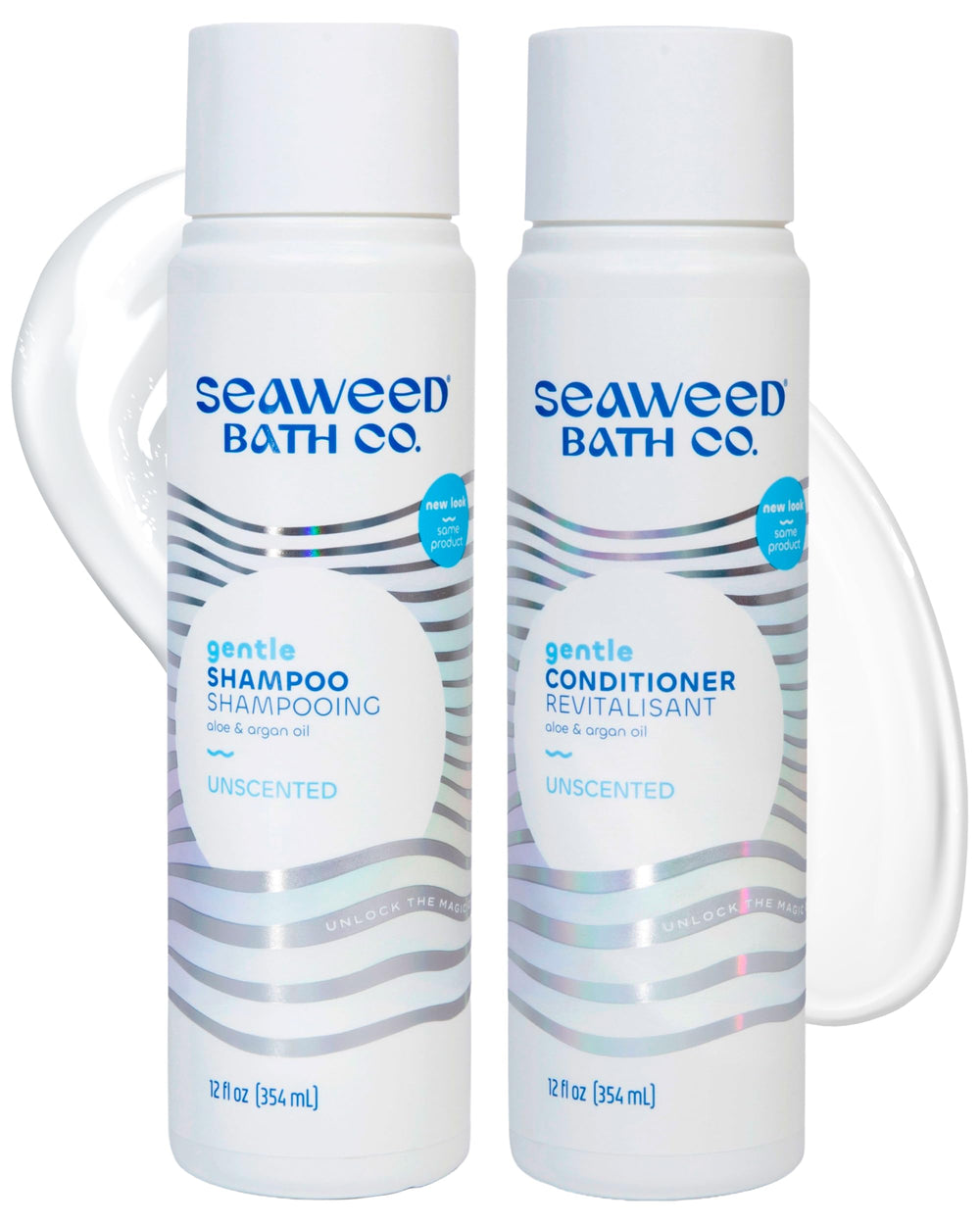 The Seaweed Bath Co. front packaging of shampoo and conditioner showing clean design and benefit