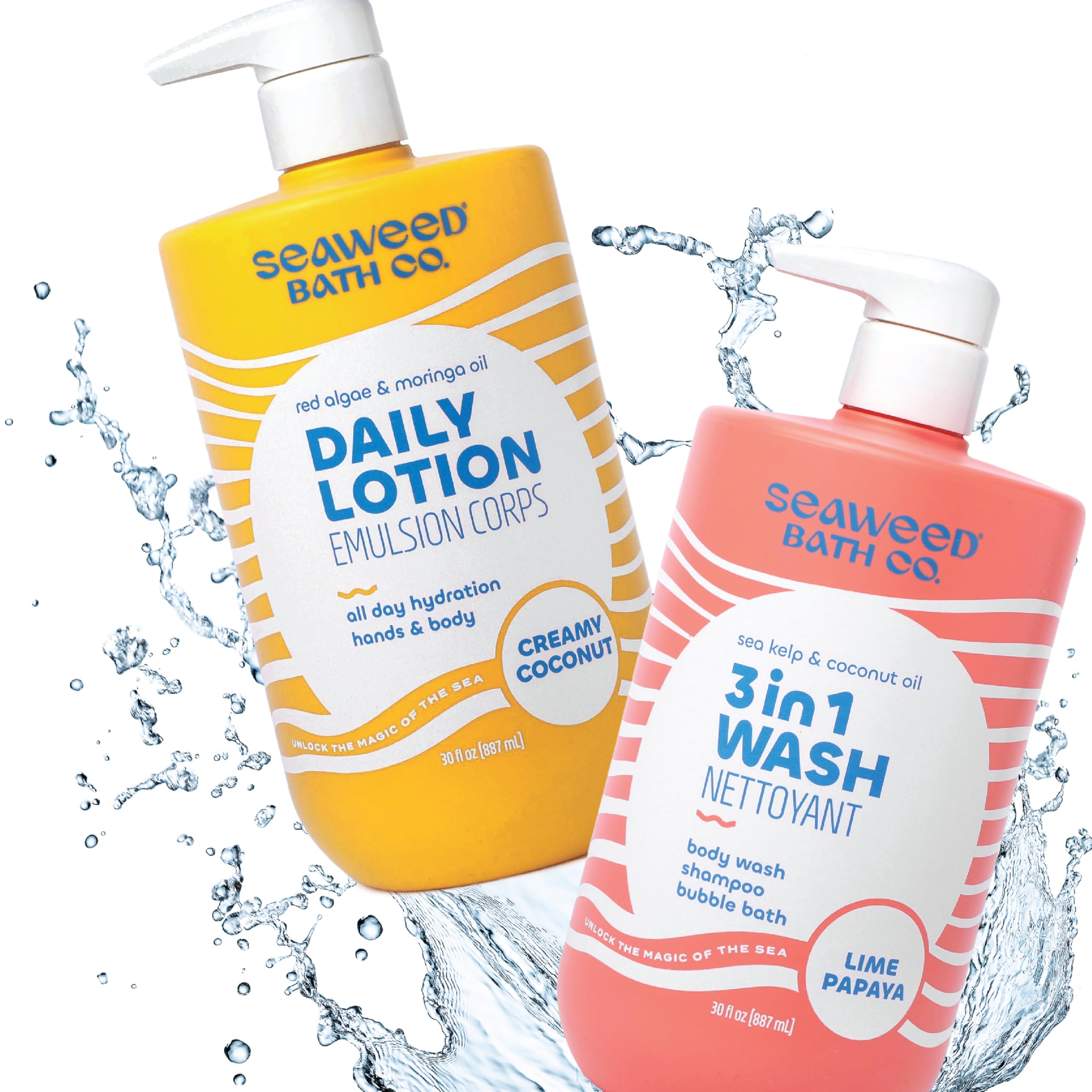 Seaweed Bath Co. bottle in hand illustrating the 30 fl oz size and portability benefit