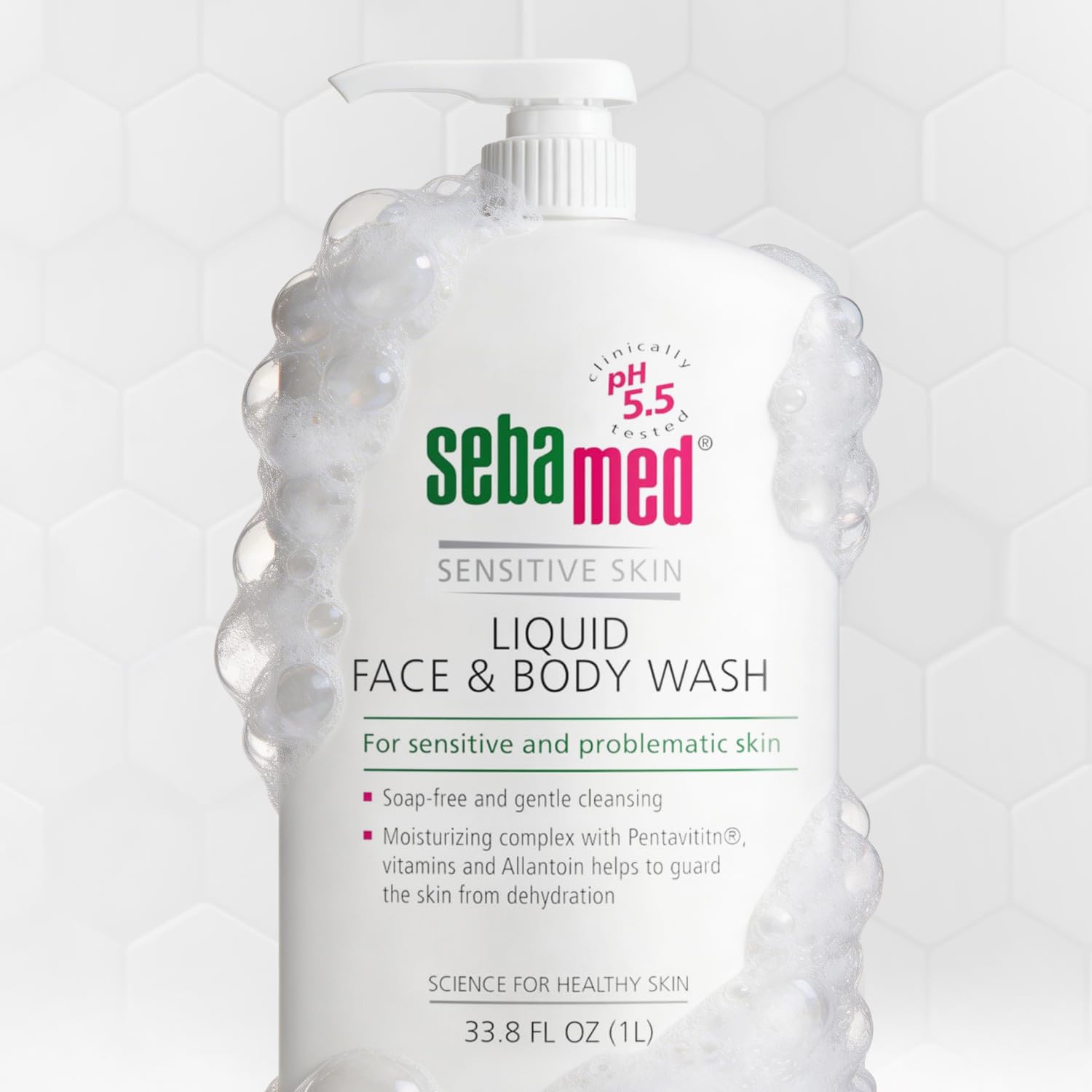 SEBAMED bottle on bathroom shelf emphasizing dermatologist-developed benefit