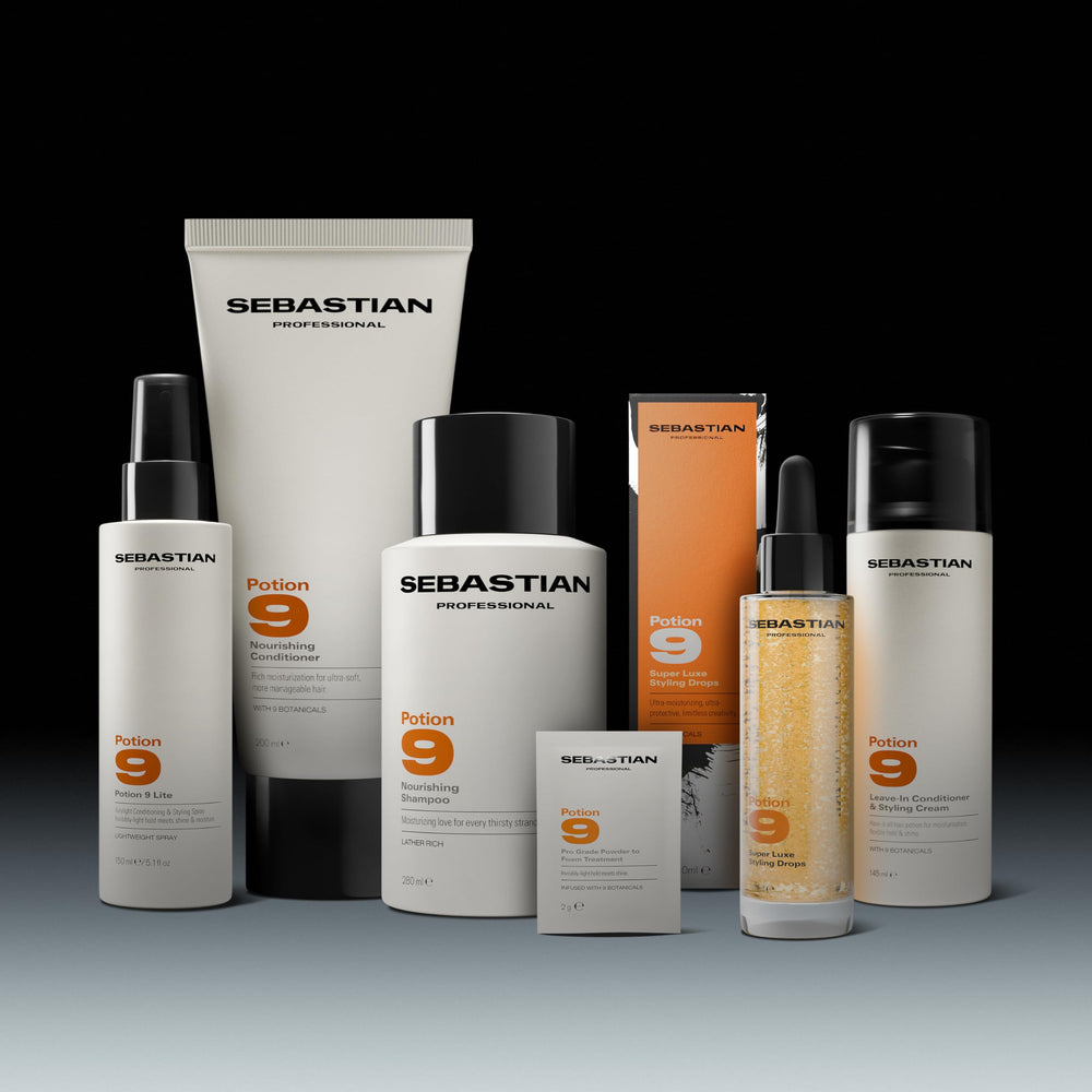 Sebastian Professional Potion 9 on a bathroom shelf lifestyle shot suggesting everyday use