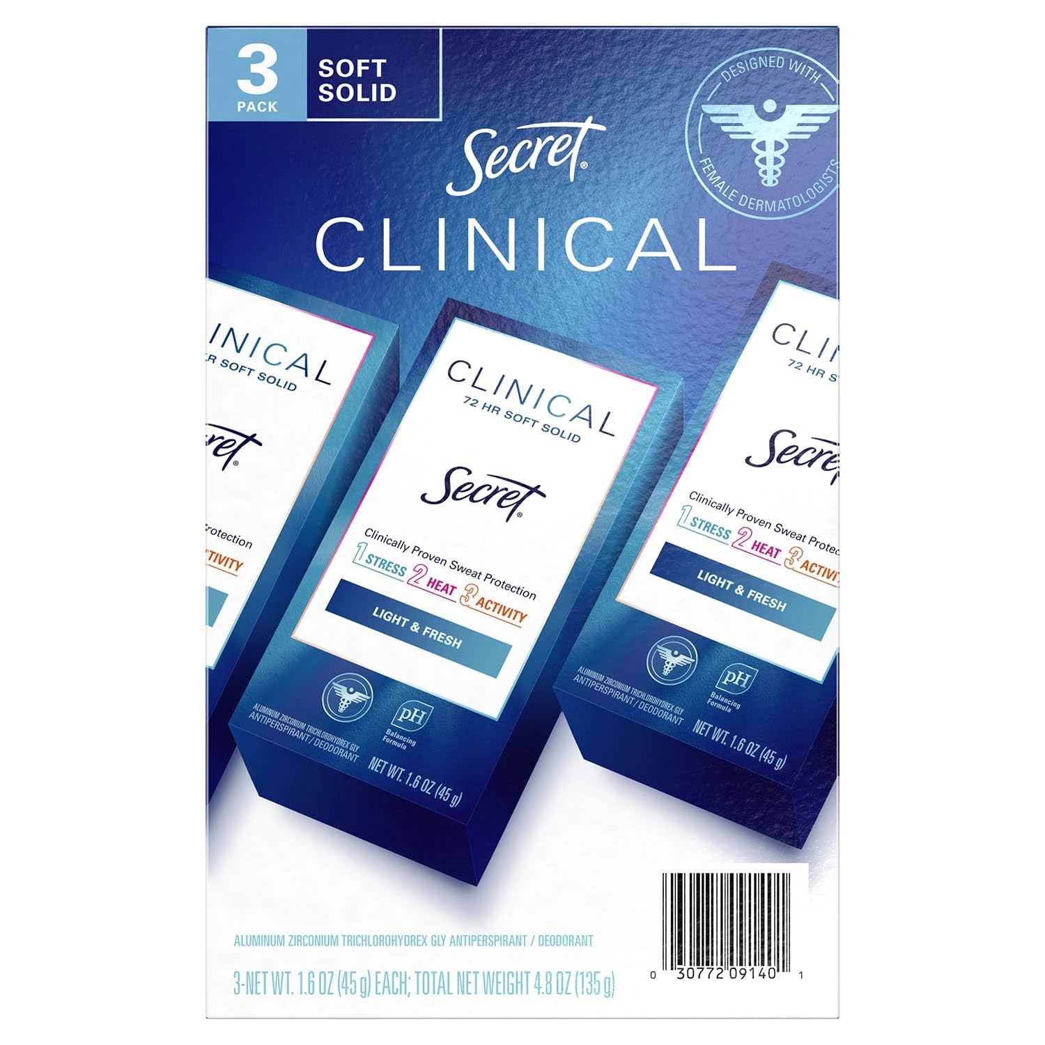 Secret clinical soft solid front packaging showing three sticks and benefit of long-lasting protection