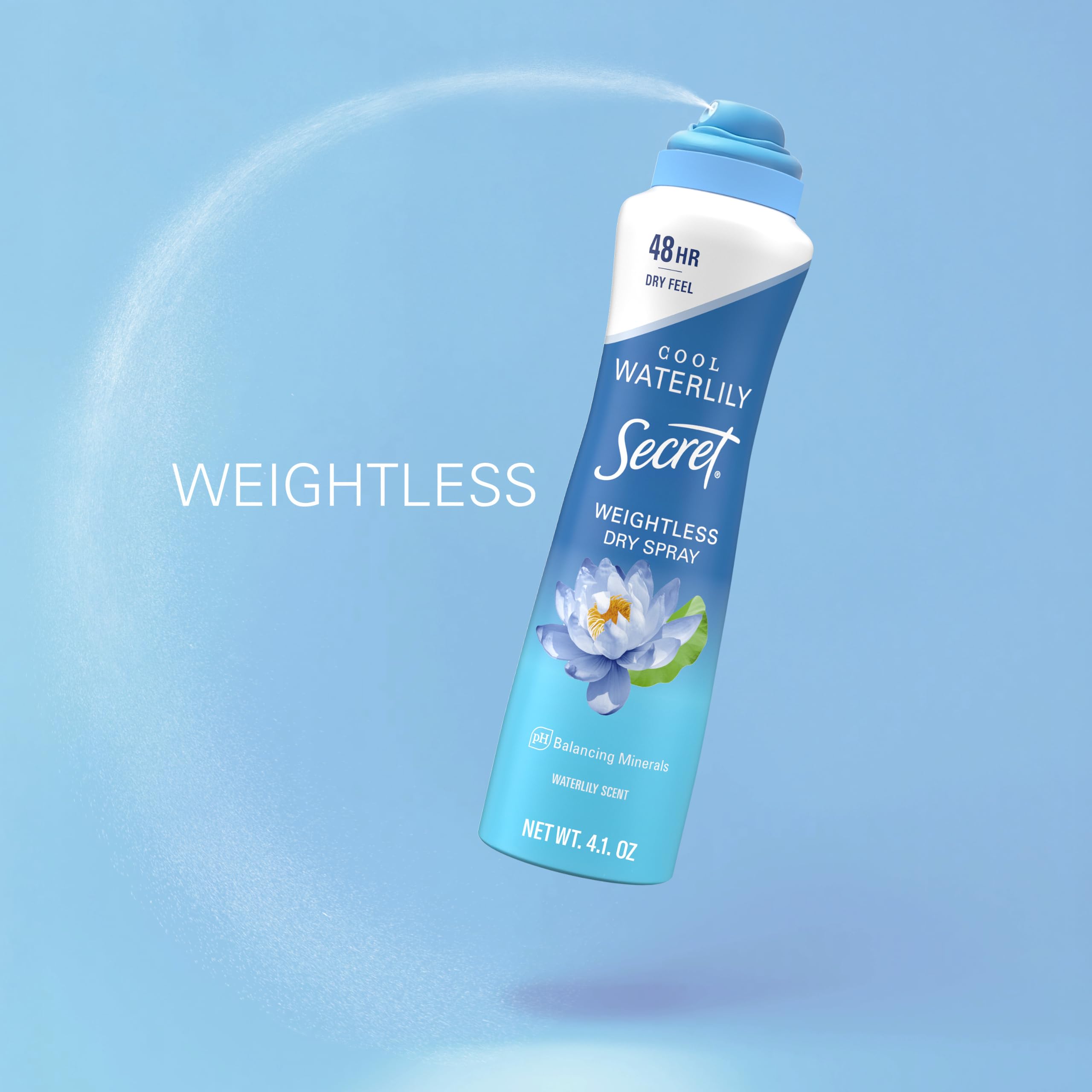 Secret dry spray with waterlily image conveying fresh floral scent