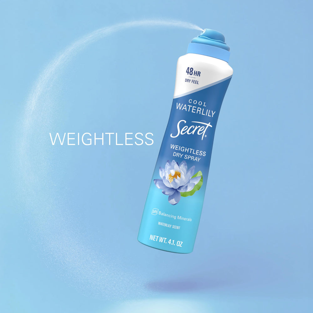 Secret dry spray with waterlily image conveying fresh floral scent