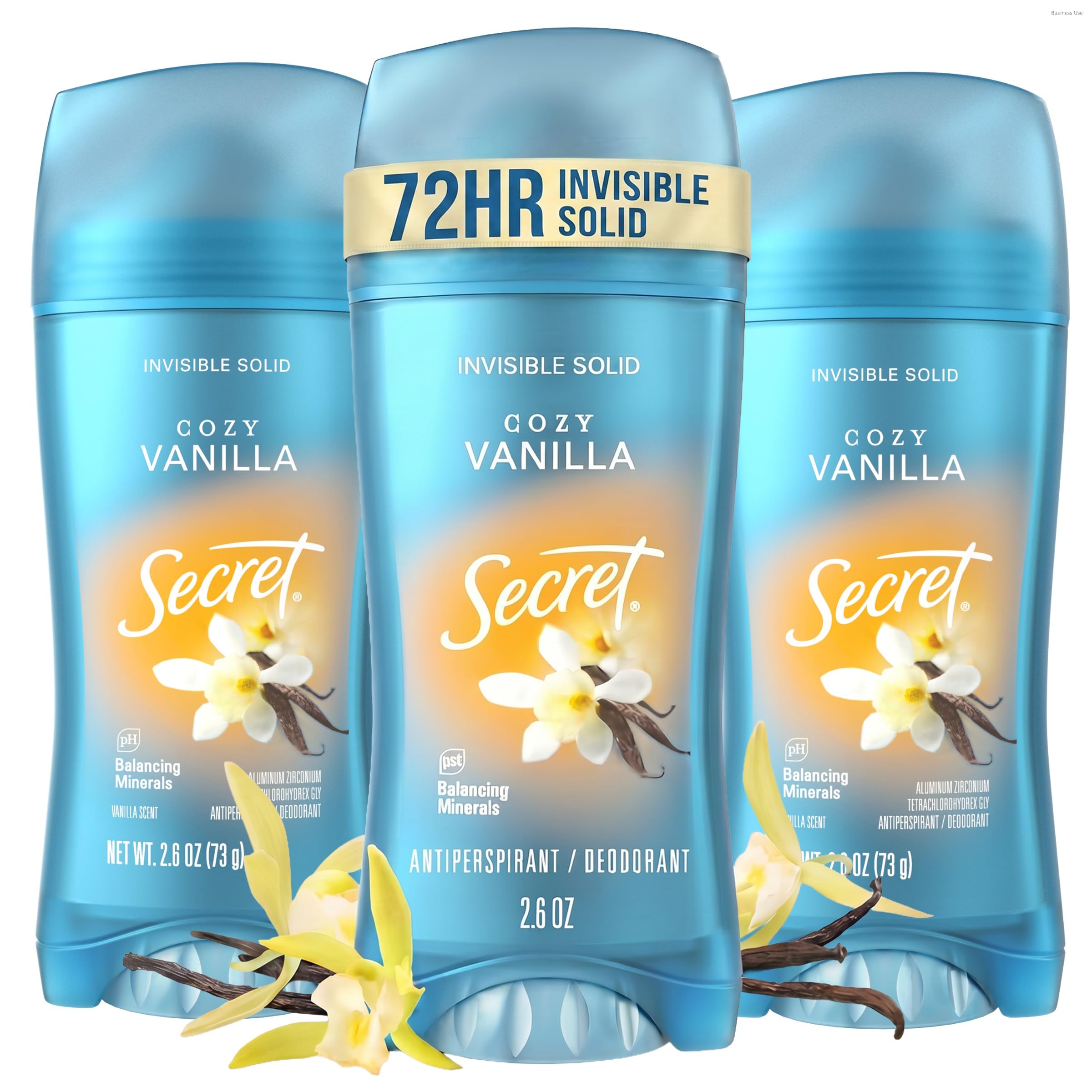 Secret antiperspirant fresh front packaging shows product and cozy vanilla benefit