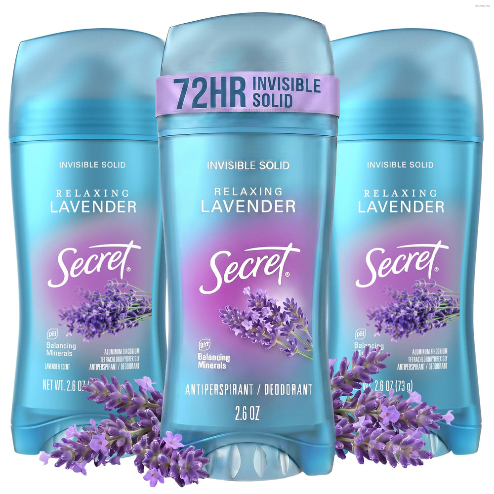 Secret brand front packaging showing three lavender-scented sticks and value