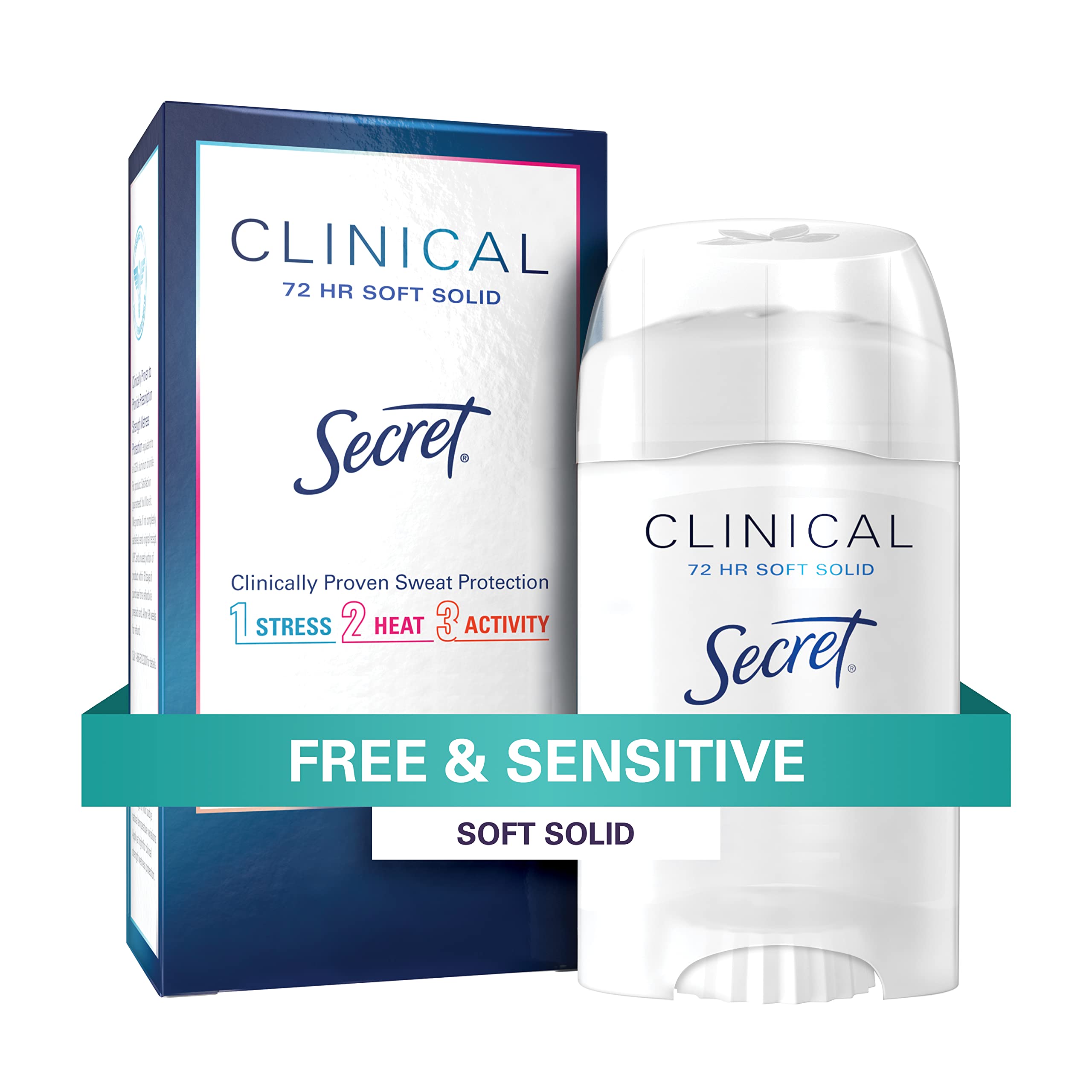 Secret soft unscented front packaging shows clear brand and benefits