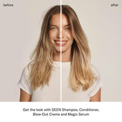 SEEN blow-out creme before and after hair showing reduced frizz and added shine