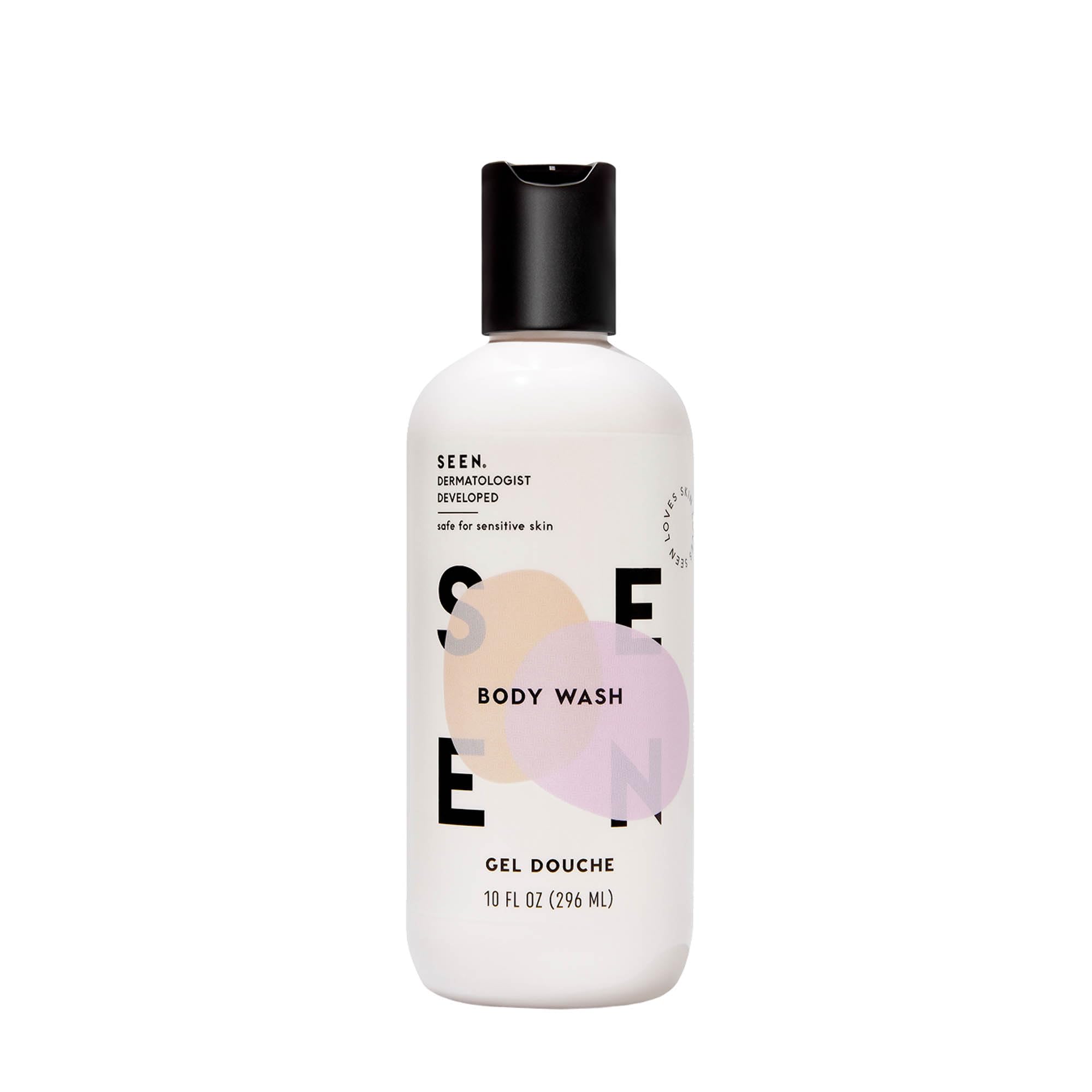 SEEN body wash front packaging showing clean, dermatologist-developed formula benefit