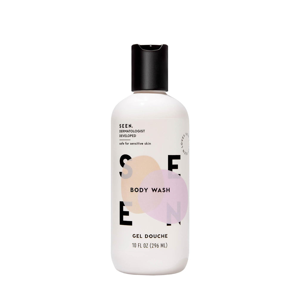 SEEN body wash front packaging showing clean, dermatologist-developed formula benefit