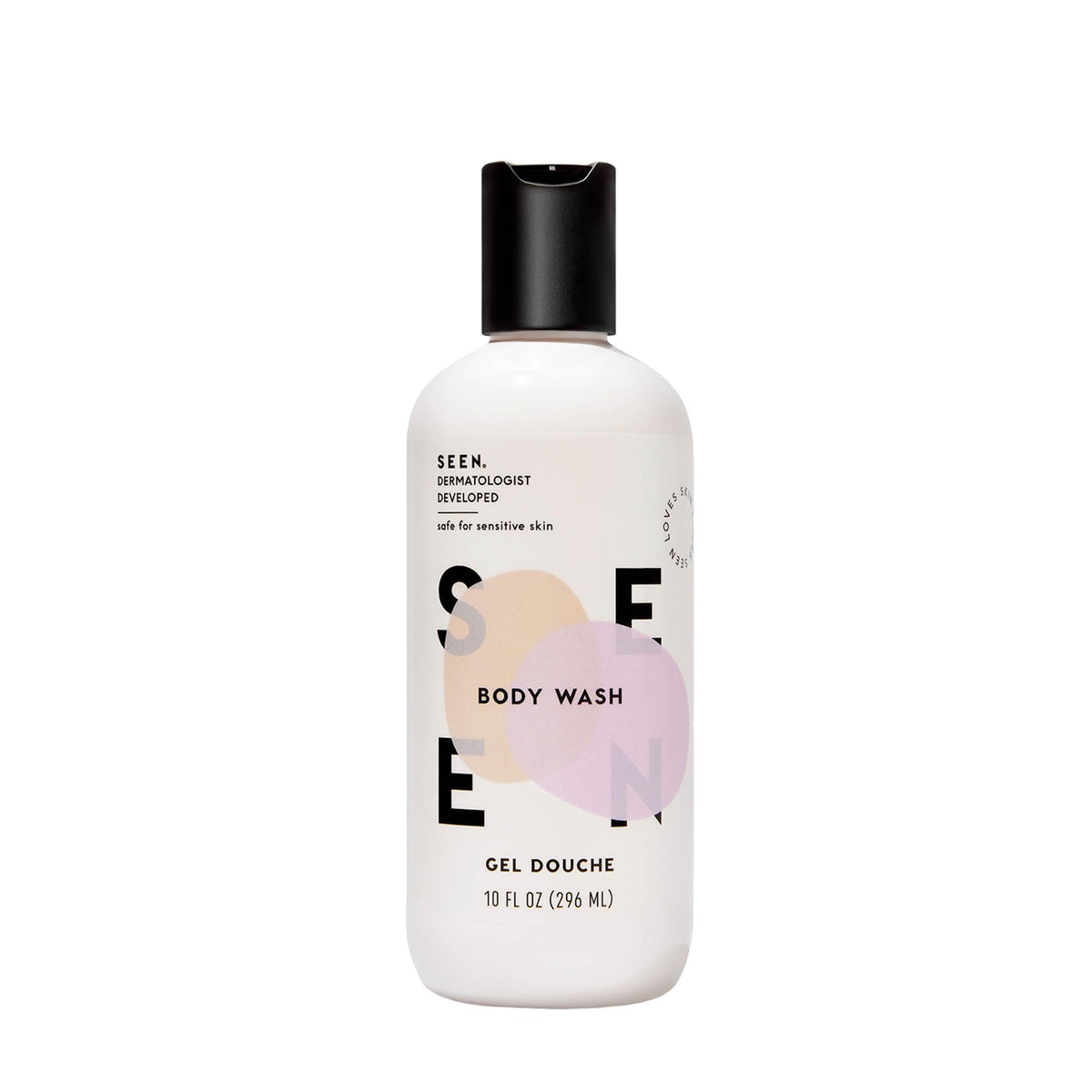 SEEN body wash front packaging showing clean, dermatologist-developed formula benefit