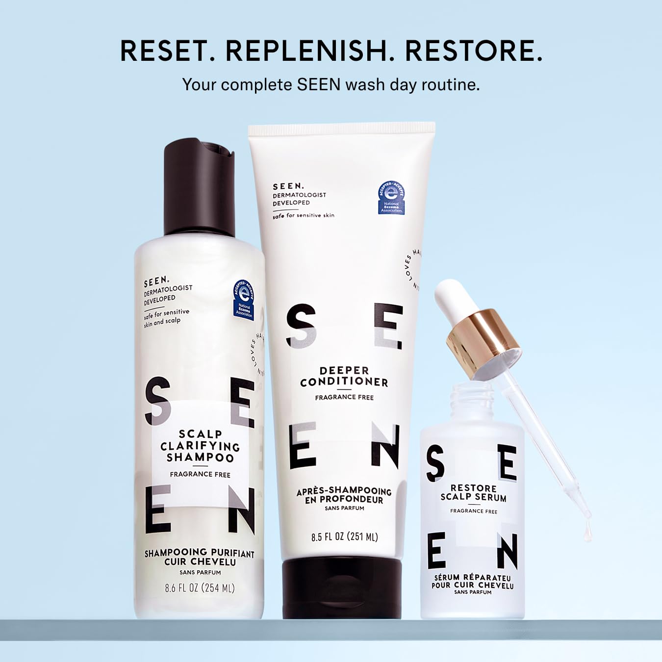 SEEN bottle on bathroom shelf lifestyle shot conveying routine-friendly design