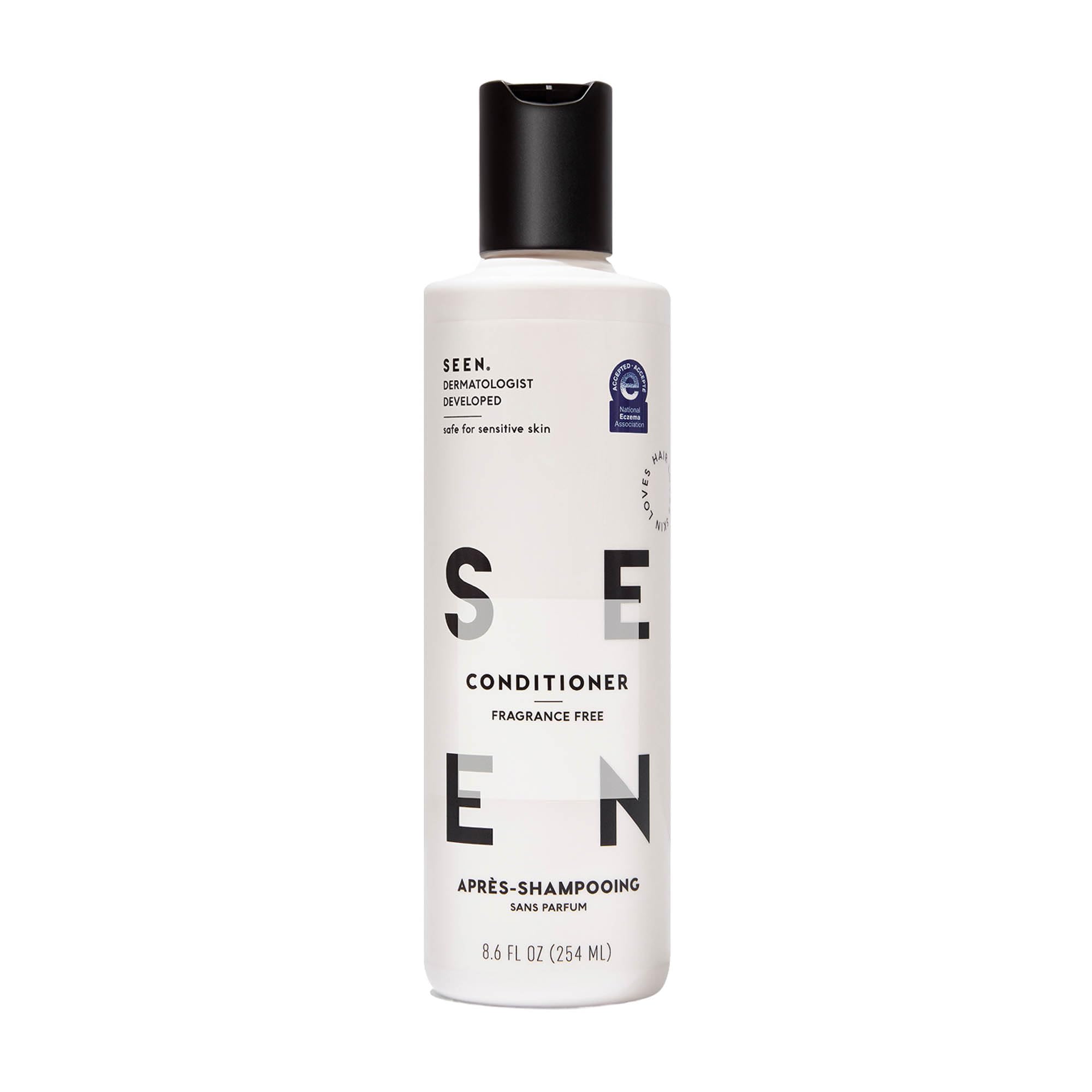 SEEN conditioner front bottle shows clean fragrance-free packaging and benefits