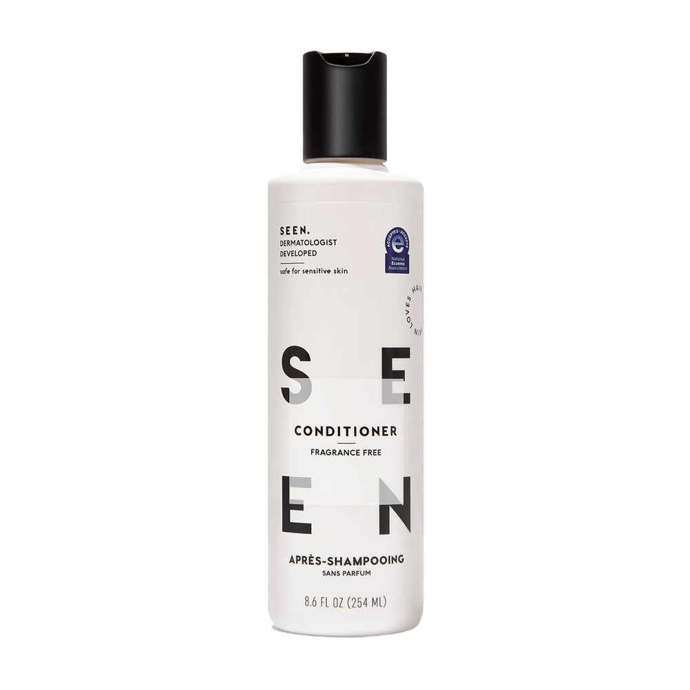 SEEN conditioner front bottle shows clean fragrance-free packaging and benefits
