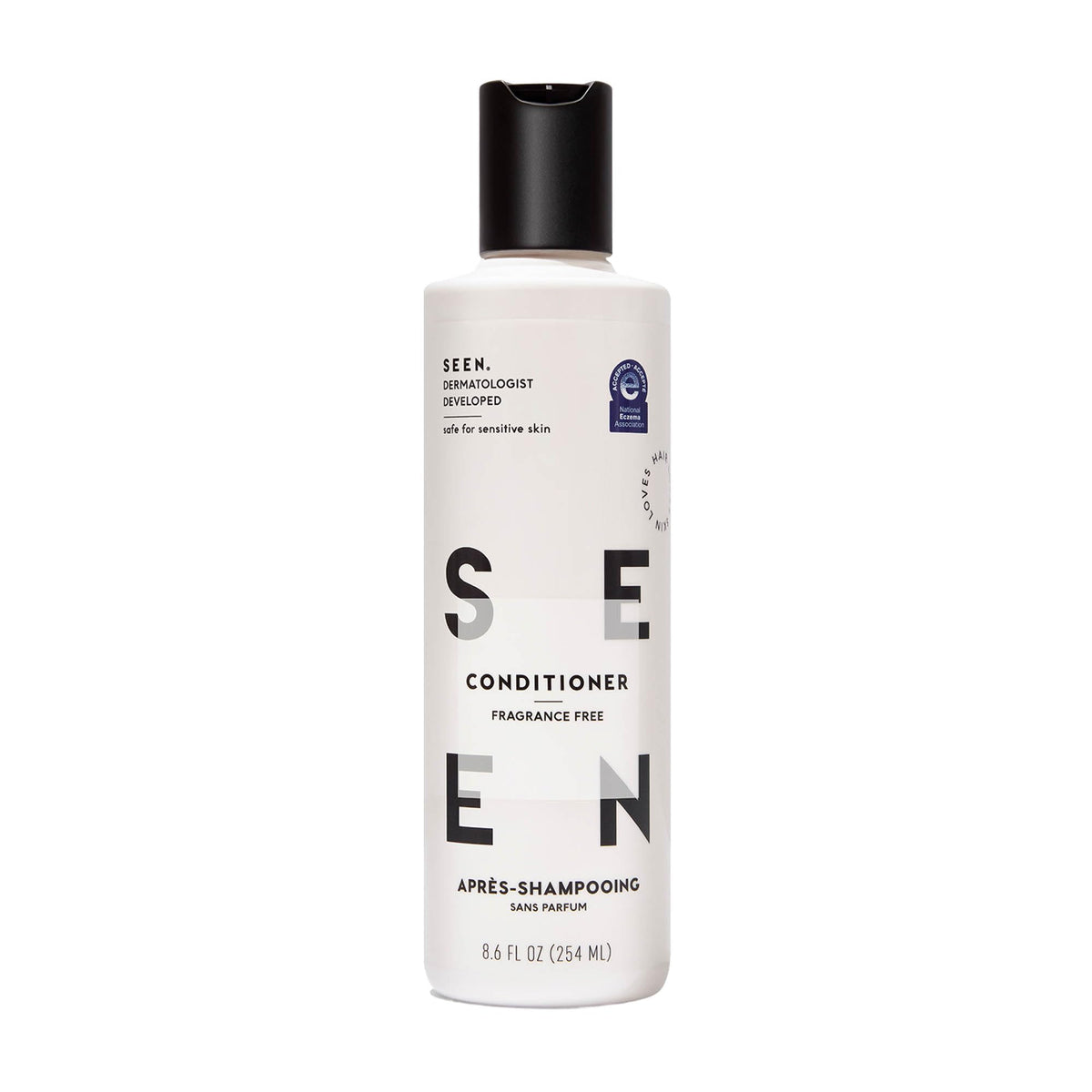 SEEN conditioner front bottle shows clean fragrance-free packaging and benefits